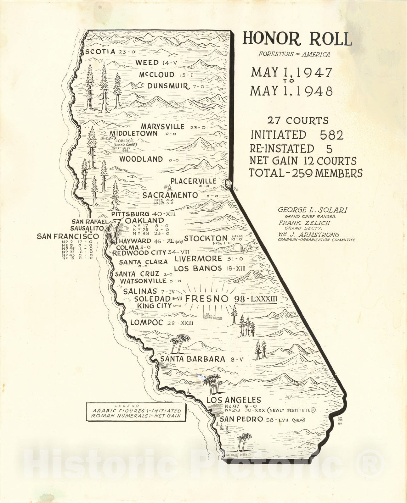Historic Map : [California] Honor Roll Foresters of America May 1, 1947 to May 1, 1948, c1948, John Ryan, Vintage Wall Art