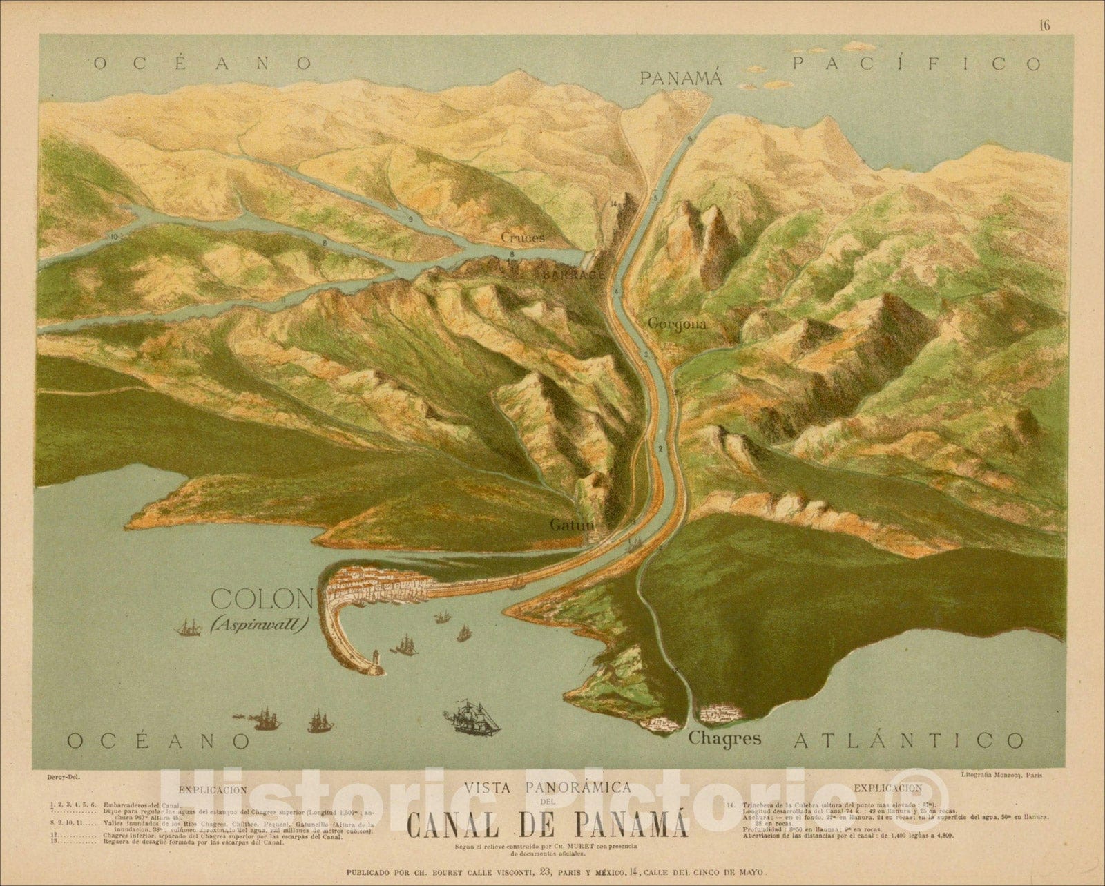 Historic Map : Vista Panoramica del Canal de Panama, Mexico D.F., Ch. Bouret, Vintage Wall Art