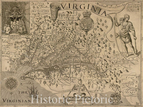 Historic Map : Virginia. Discovered and Discribed by Captain John Smith, 1606, c1612, v1, Vintage Wall Art