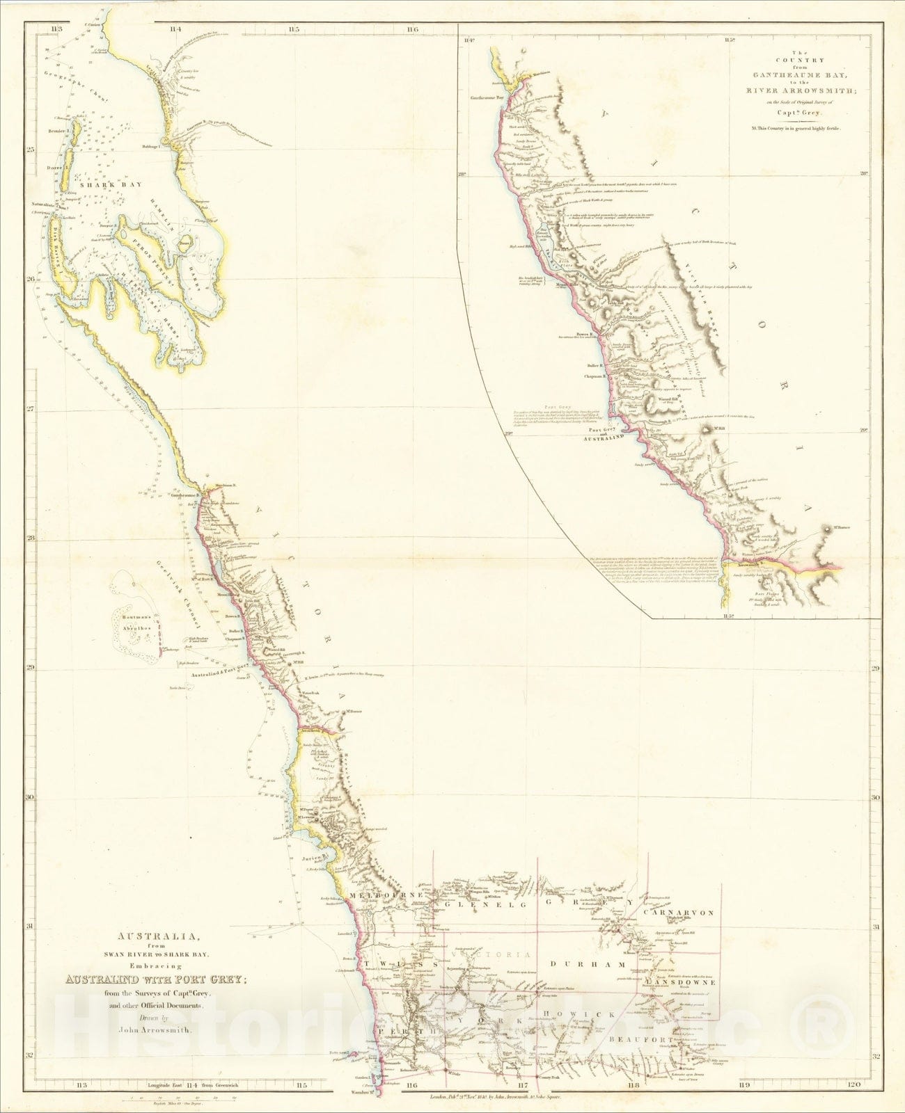 Historic Map : Australia, from Swan River to Shark Bay, Embracing Australind with Port Grey, 1840, John Arrowsmith, Vintage Wall Art