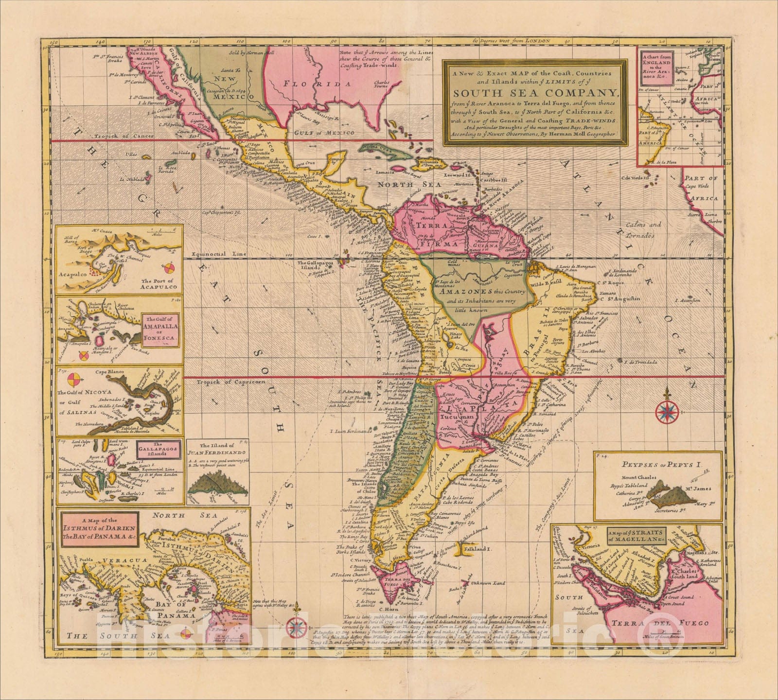 Historic Map : The Coast, Countries and Islands from ye River Aranoca to Terra del Fuego through ye South Sea, to ye North Part of California, 1711, Vintage Wall Art