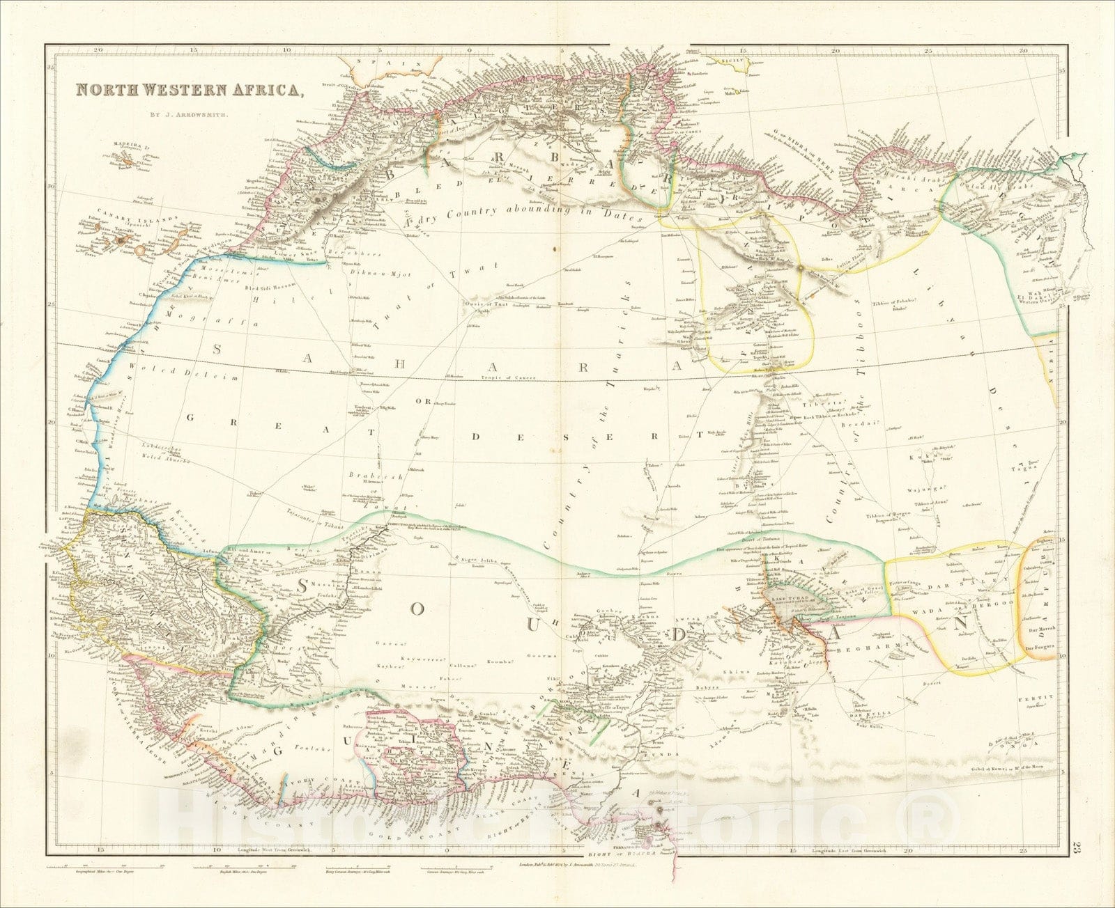 Historic Map : North Western Africa, 1834, John Arrowsmith, Vintage Wall Art