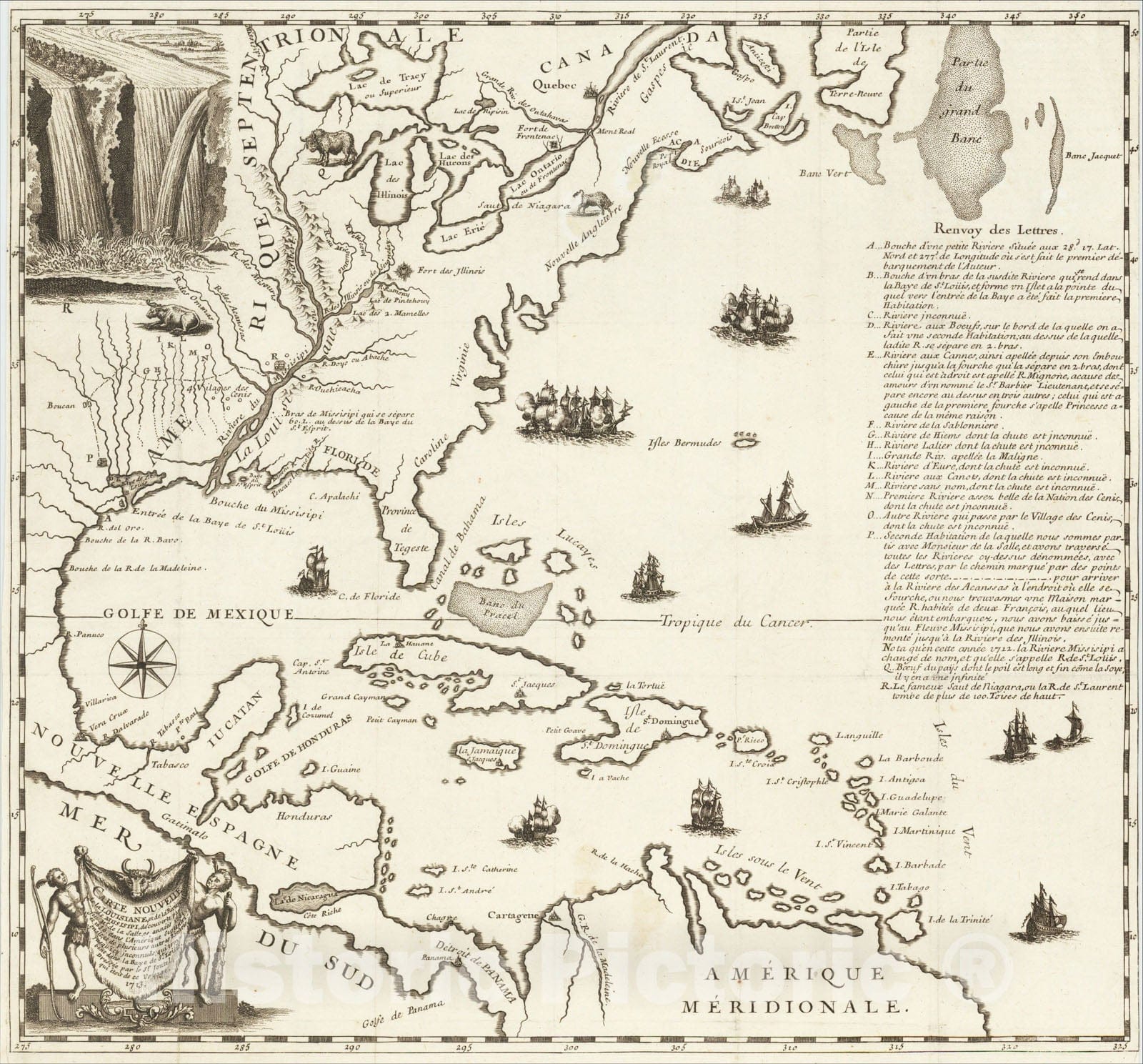Historic Map : Carte Nouvelle de la Louisiane et de la Riviere de Missisipi, 1713, Henri Joutel, Vintage Wall Art