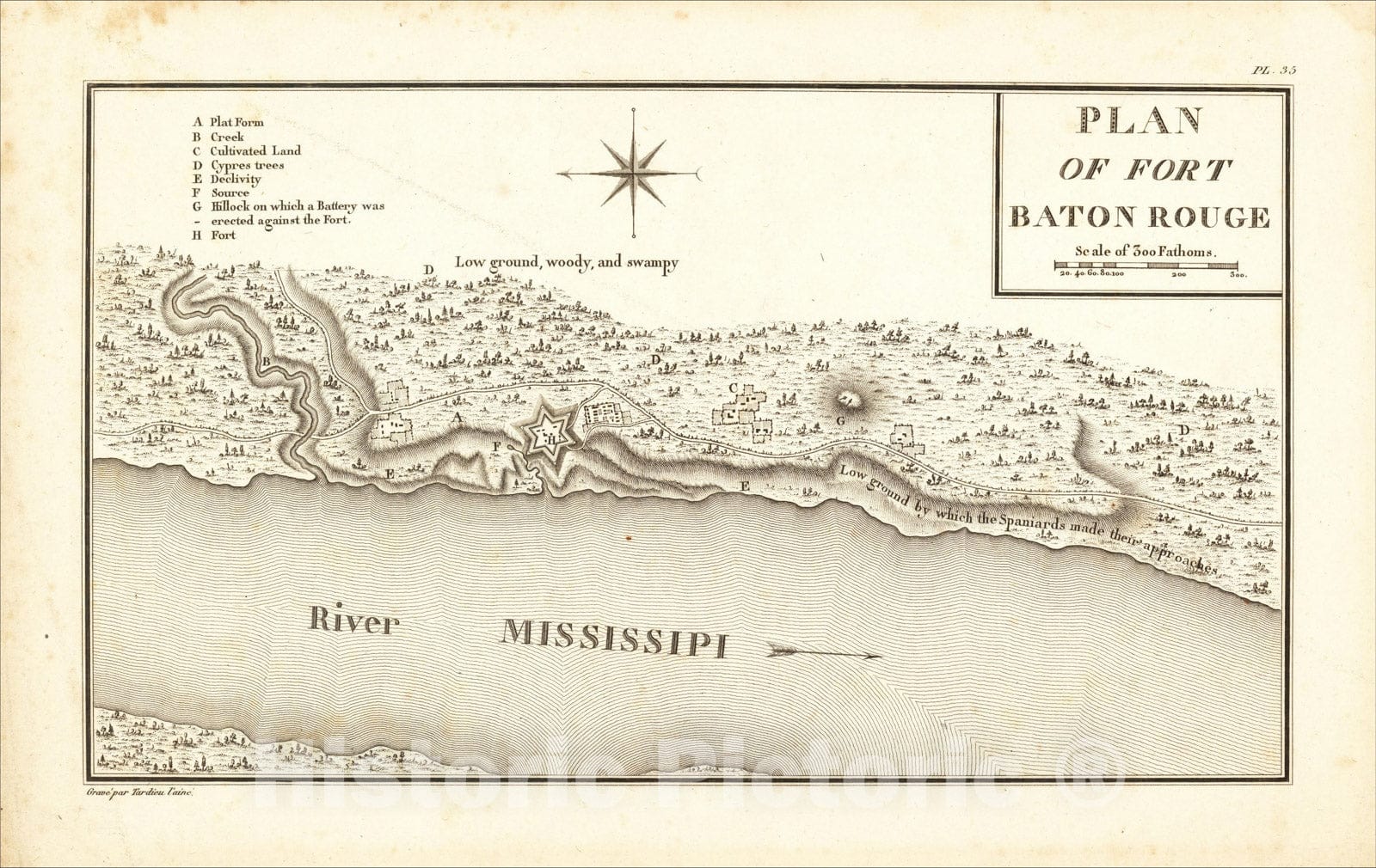 Historic Map : Plan of Fort Baton Rouge, 1796, Victor George Henri Collot, Vintage Wall Art