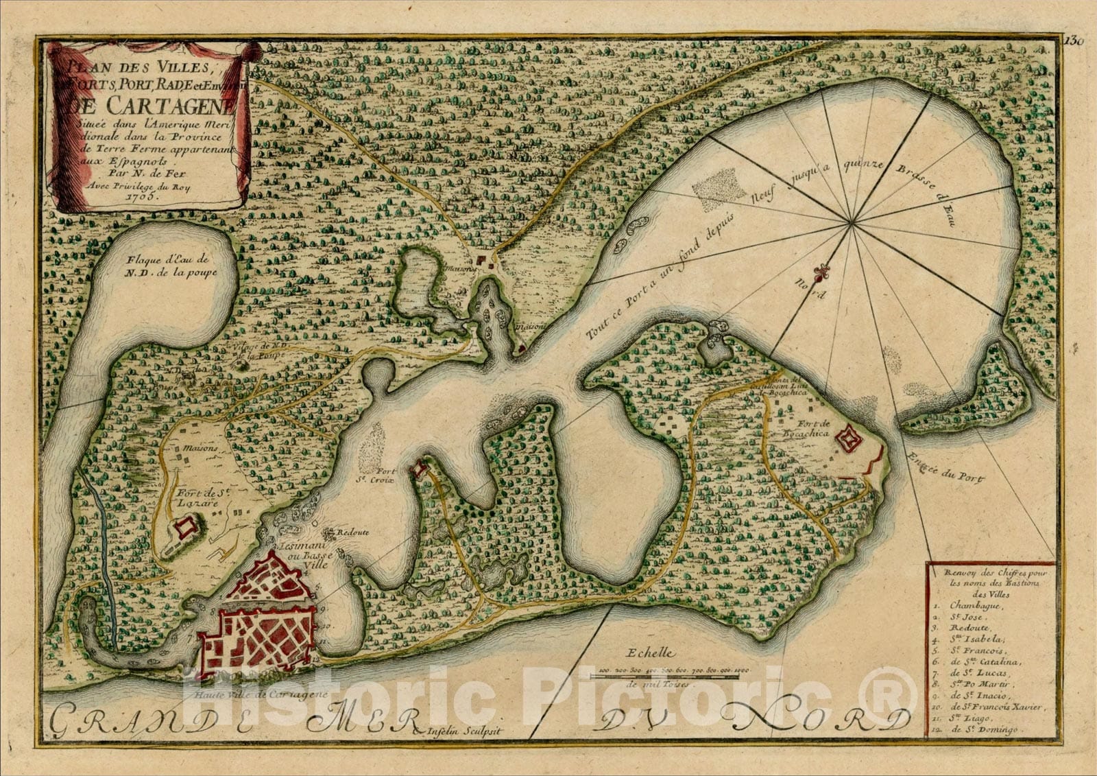 Historic Map : Plans de Villes, forts, Port, Rade et Environ De Cartagene?1700, 1700, Nicolas de Fer, v1, Vintage Wall Art