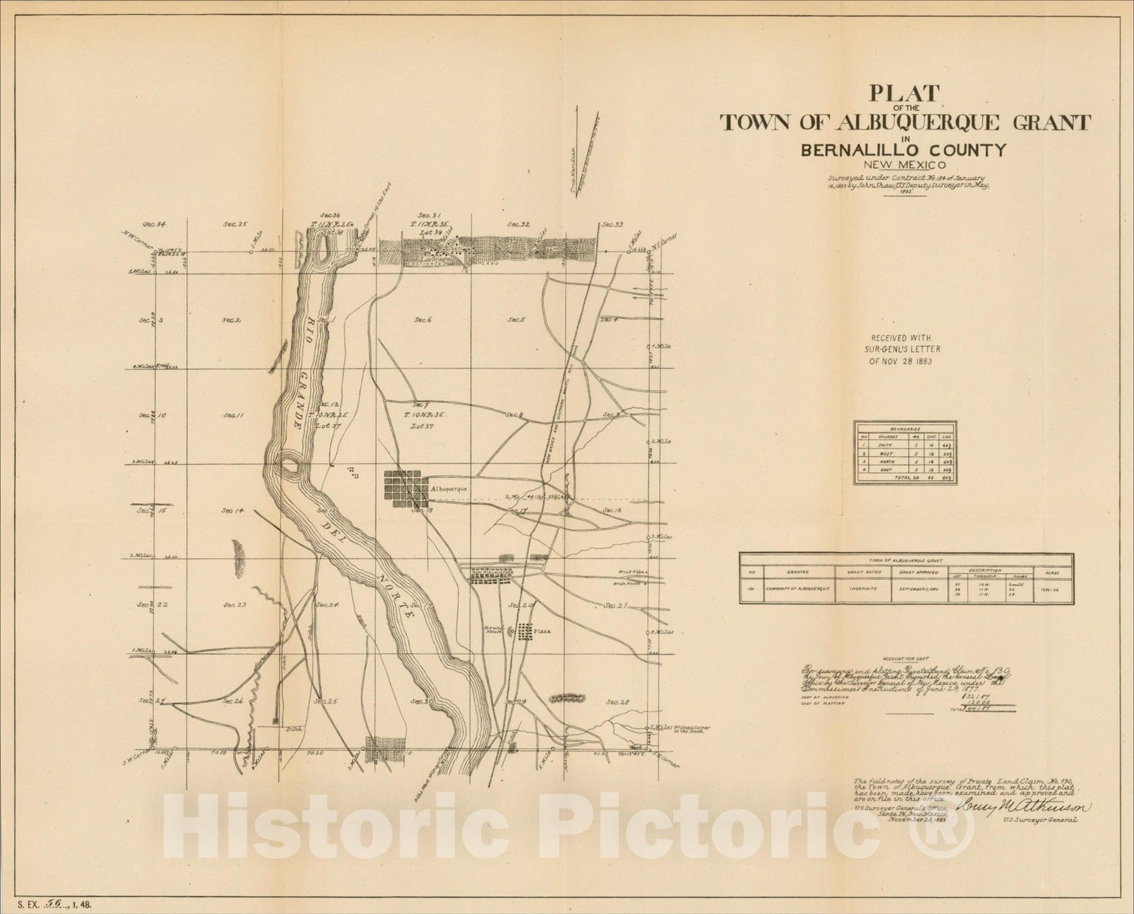 Historic Map : Plat of the Town of Albuquerque Grant In Bernalillo County New Mexico, 1883, U.S. Government Land Office, Vintage Wall Art
