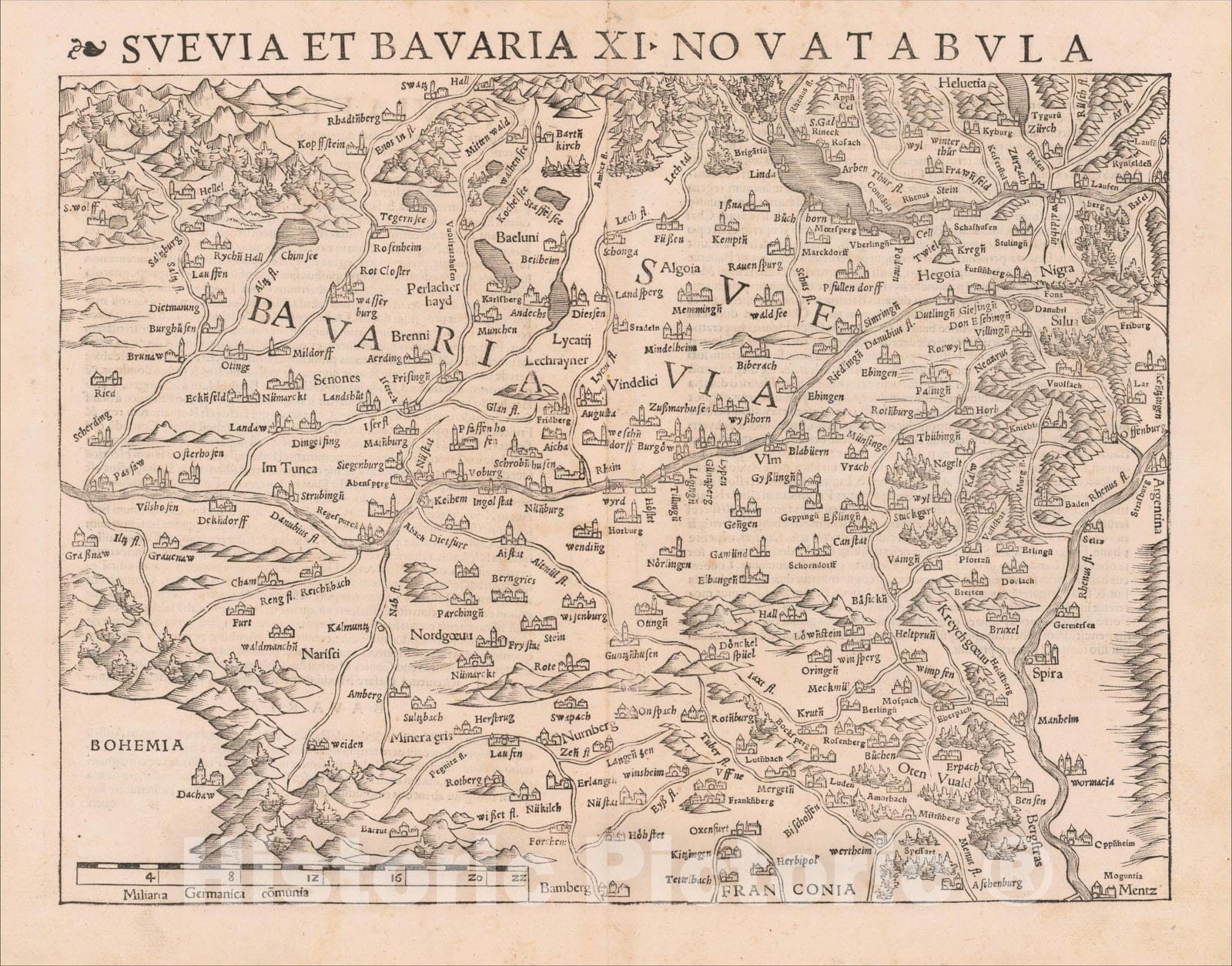 Historic Map : Suevia et Bavaria XI Nova Tabula, 1542, Sebastian M?nster, Vintage Wall Art
