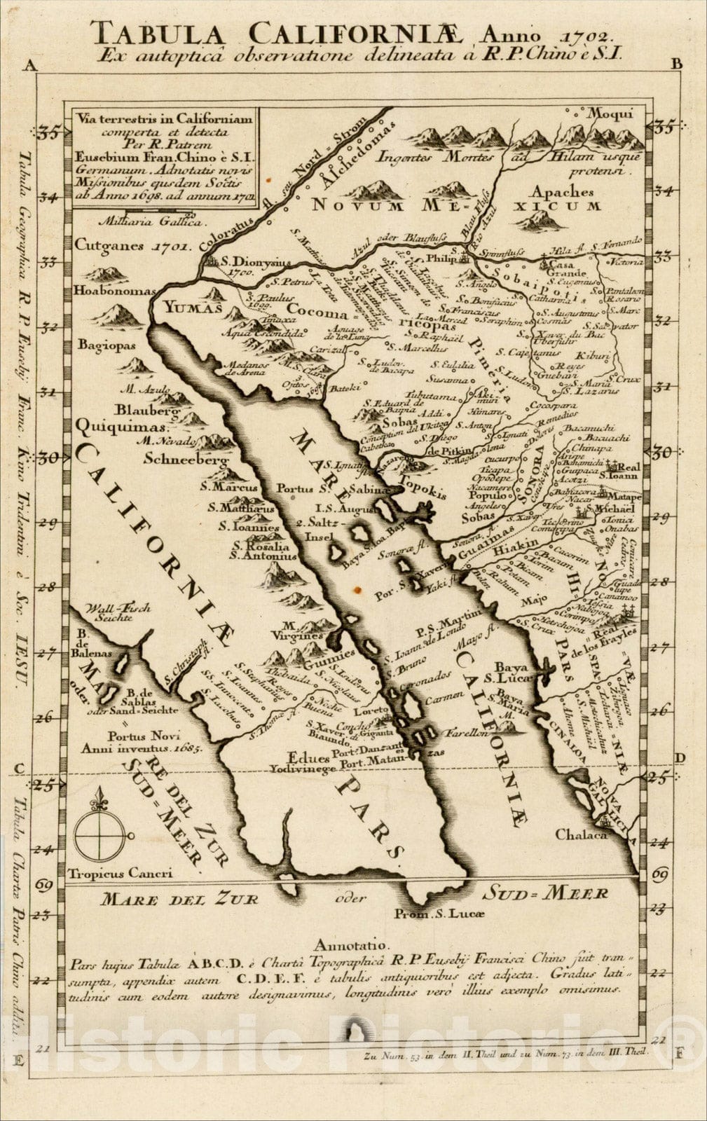 Historic Map : Tabula Californiae Anno 172 Ex autoptica observatione delineata a R.P. Chino e S.I., 1702, Fr. Eusebio Kino, v2, Vintage Wall Art