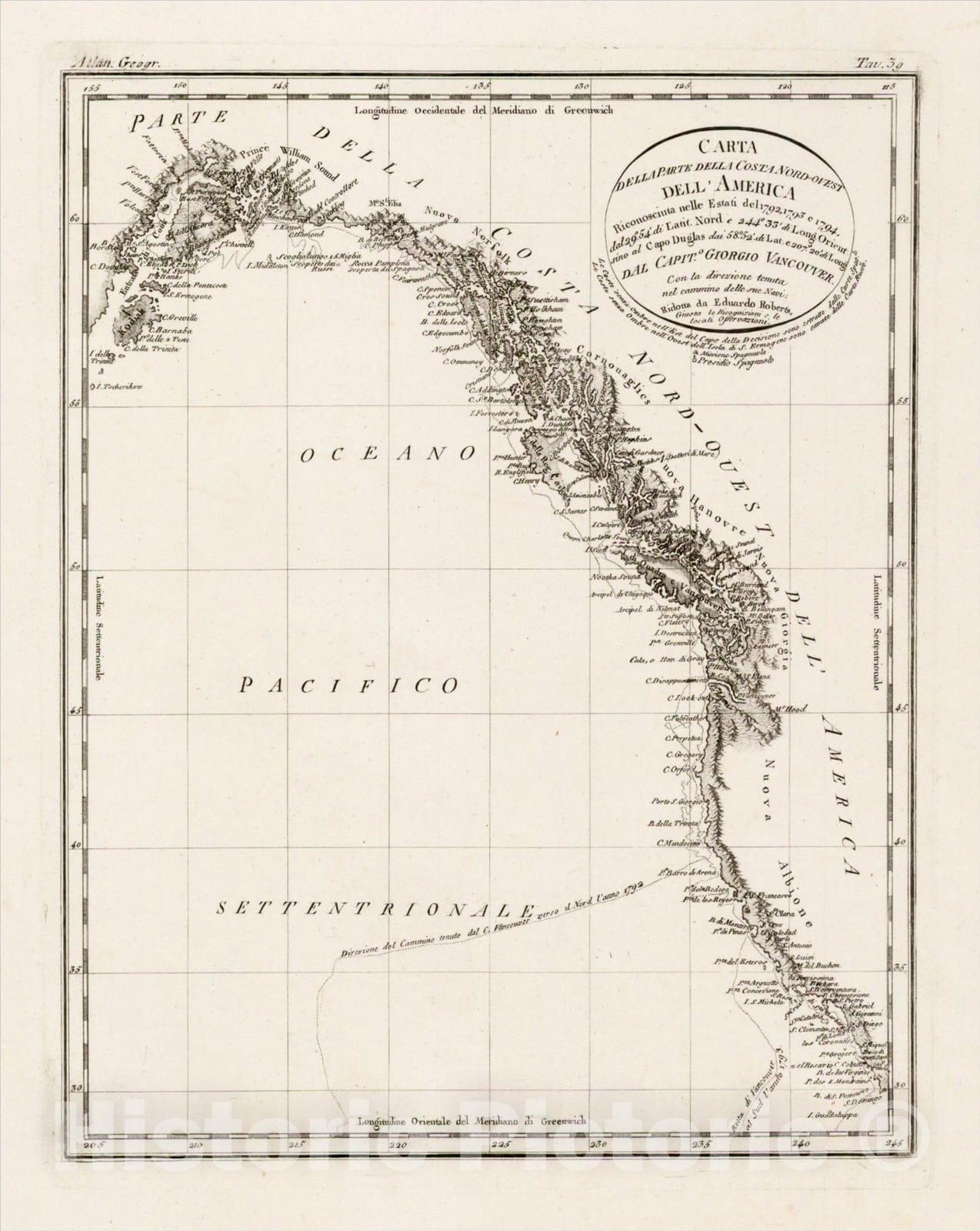 Historic Map : Carta della Parte della Costa Nord-Ouest Dell'America Rcionosciuta nelle Estati del 1792, 1793, e 1794, . dal Capito Giorgio Vancouver, c1820, Vintage Wall Art