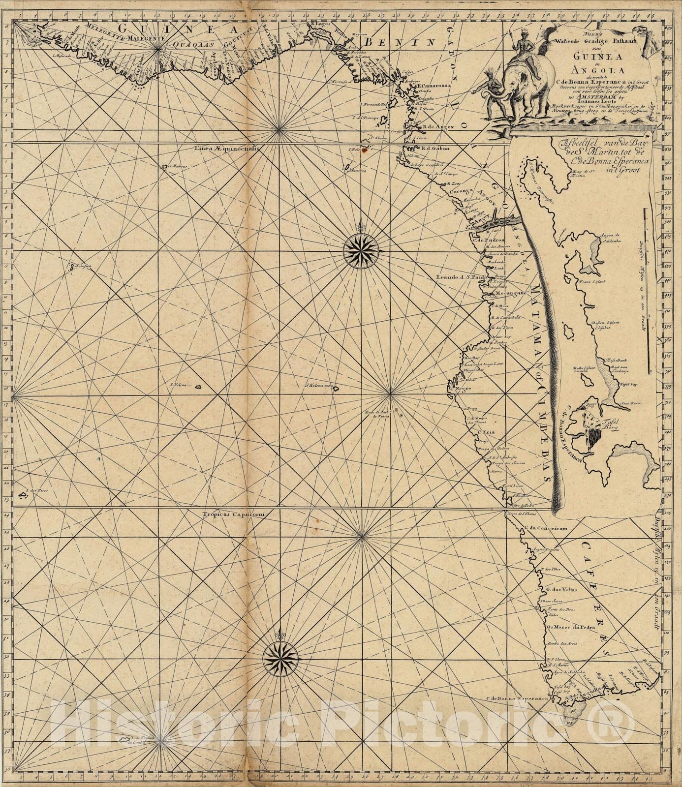 Historic Map : Nieuwe Wassende Gradige Paskaart van Guinea en Angola als meede de C. de Bonna Dsperanca, c1700, Johannes Loots, Vintage Wall Art