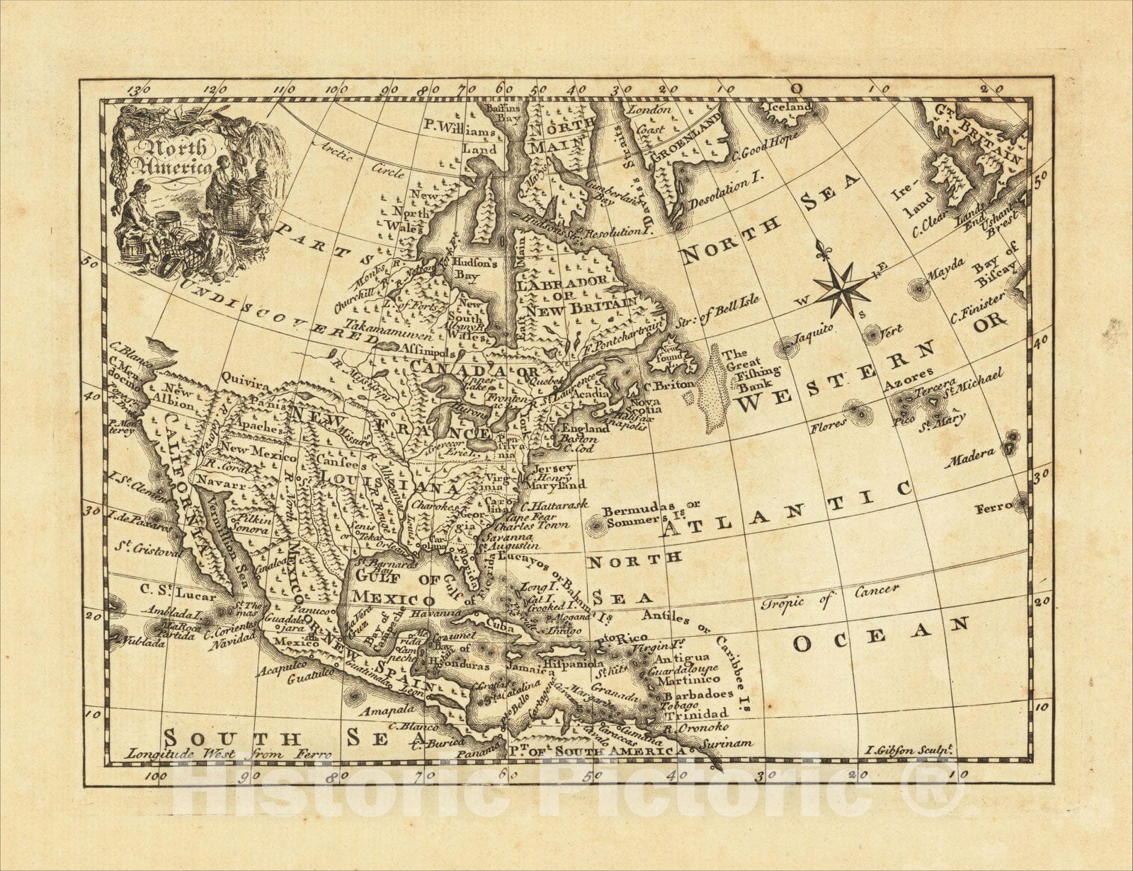 Historic Map : North America, c1760, John Gibson, Vintage Wall Art