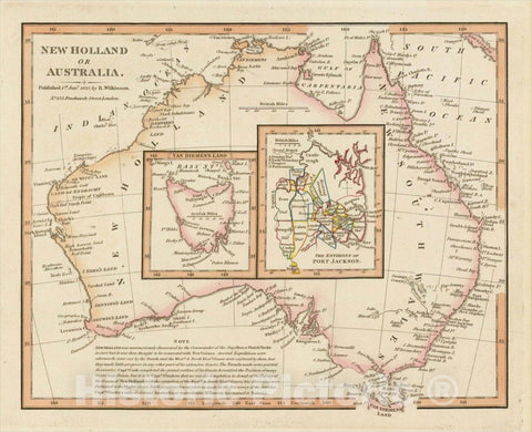 Historic Map : New Holland or Australia (inset Van Diemen's Land and The Environs of Port Jackson), 1825, Robert Wilkinson, Vintage Wall Art