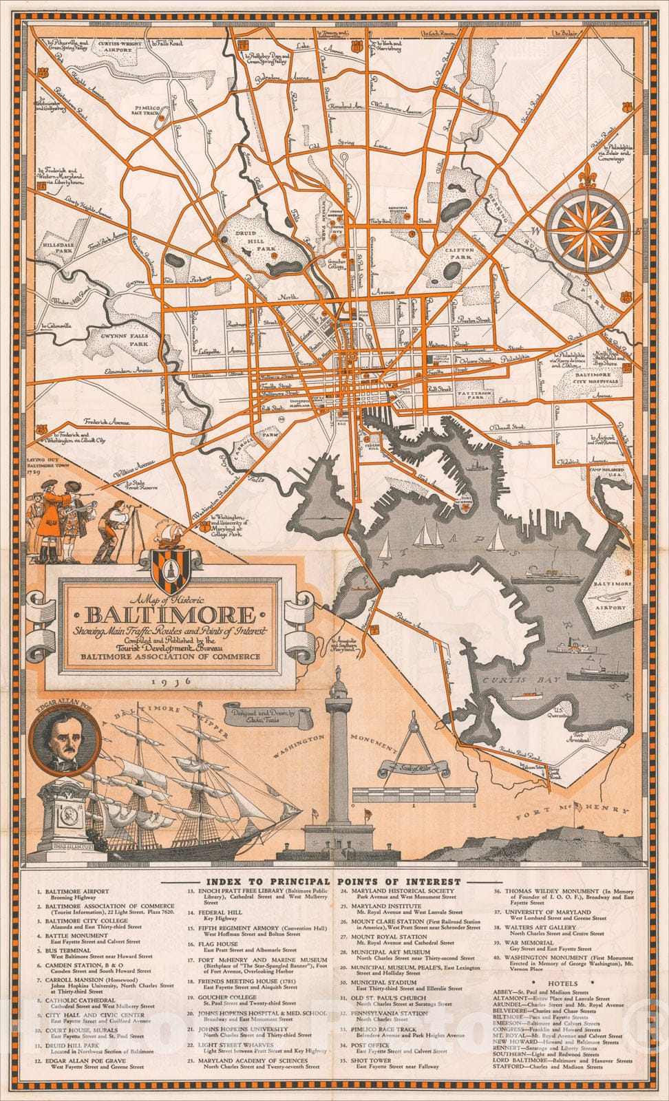 Historic Map : A Map of Historic Baltimore Showing Main Traffic Routes and Points of Interest, 1936, Edwin Tunis, Vintage Wall Art