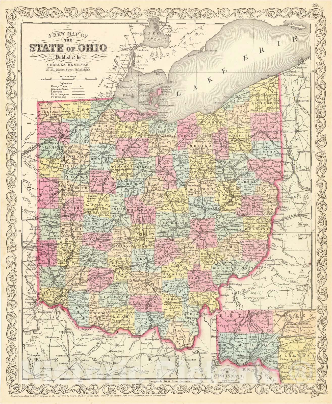 Historic Map : A New Map Of The State of Ohio , 1857, Charles Desilver, Vintage Wall Art