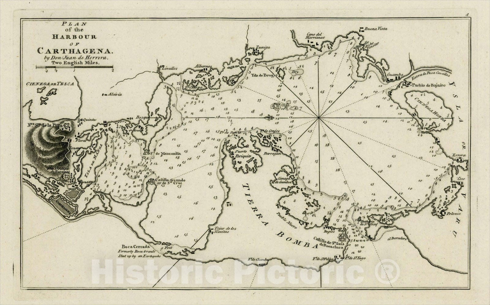 Historic Map : Plan of the Harbour of Carthagena by Don Juan de Herrera, 1794, Sayer & Bennett, Vintage Wall Art
