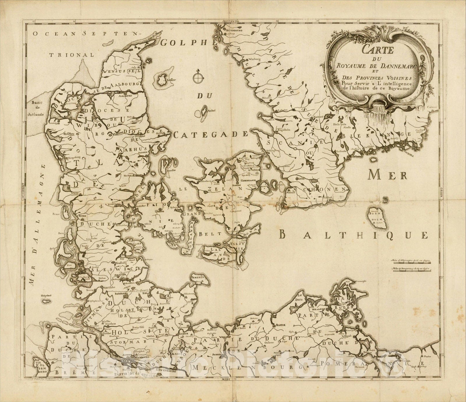 Historic Map : Carte du Royaume de Dannemarc et des Provinces Voisines pour servir a L'Intelligence de l'histoire de ce Royaume, 1755, O. H. De Lode, Vintage Wall Art