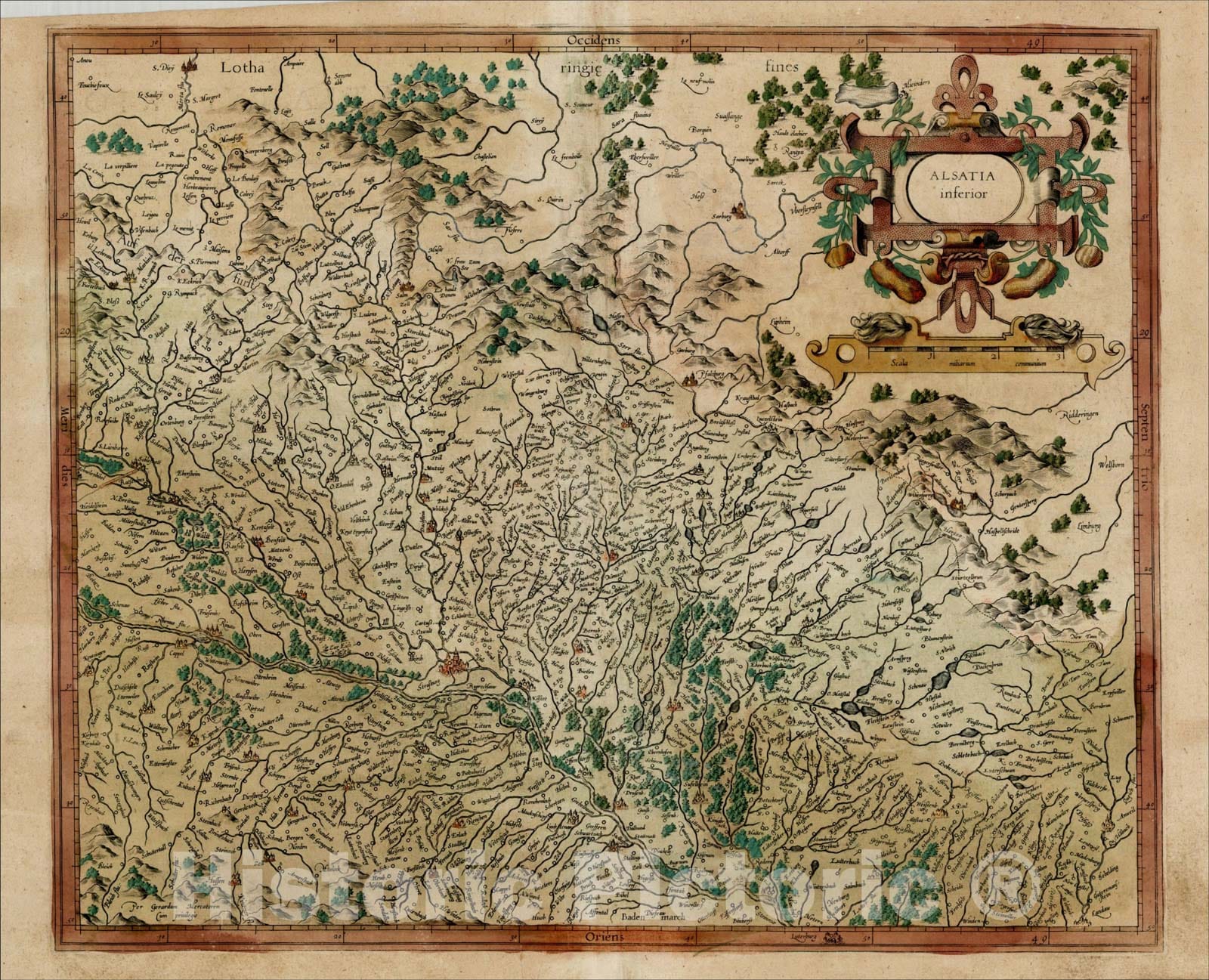 Historic Map : Alsatia Superior (gold highlights), 1595, Gerard Mercator, Vintage Wall Art