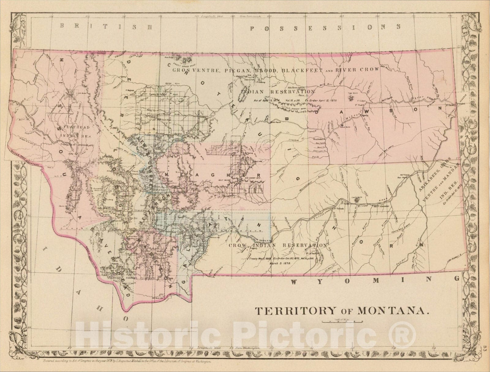 Historic Map : Territory of Montana, 1880, Samuel Augustus Mitchell Jr., v1, Vintage Wall Art