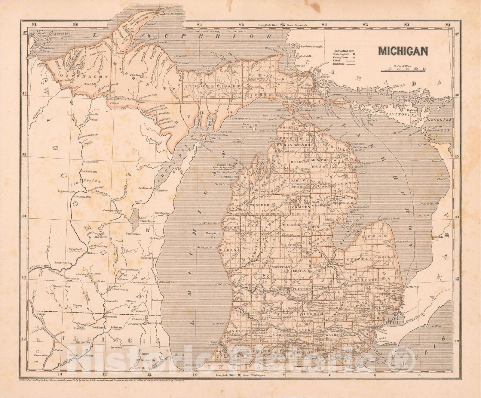 Historic Map : Michigan, 1844, Sidney Morse, Vintage Wall Art