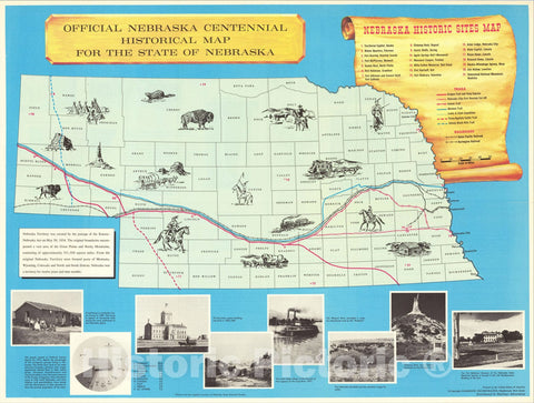 Historic Map : Official Nebraska Centennial Historical Map For The State of Nebraska, 1967, Nebraska Centennial Commission, Vintage Wall Art