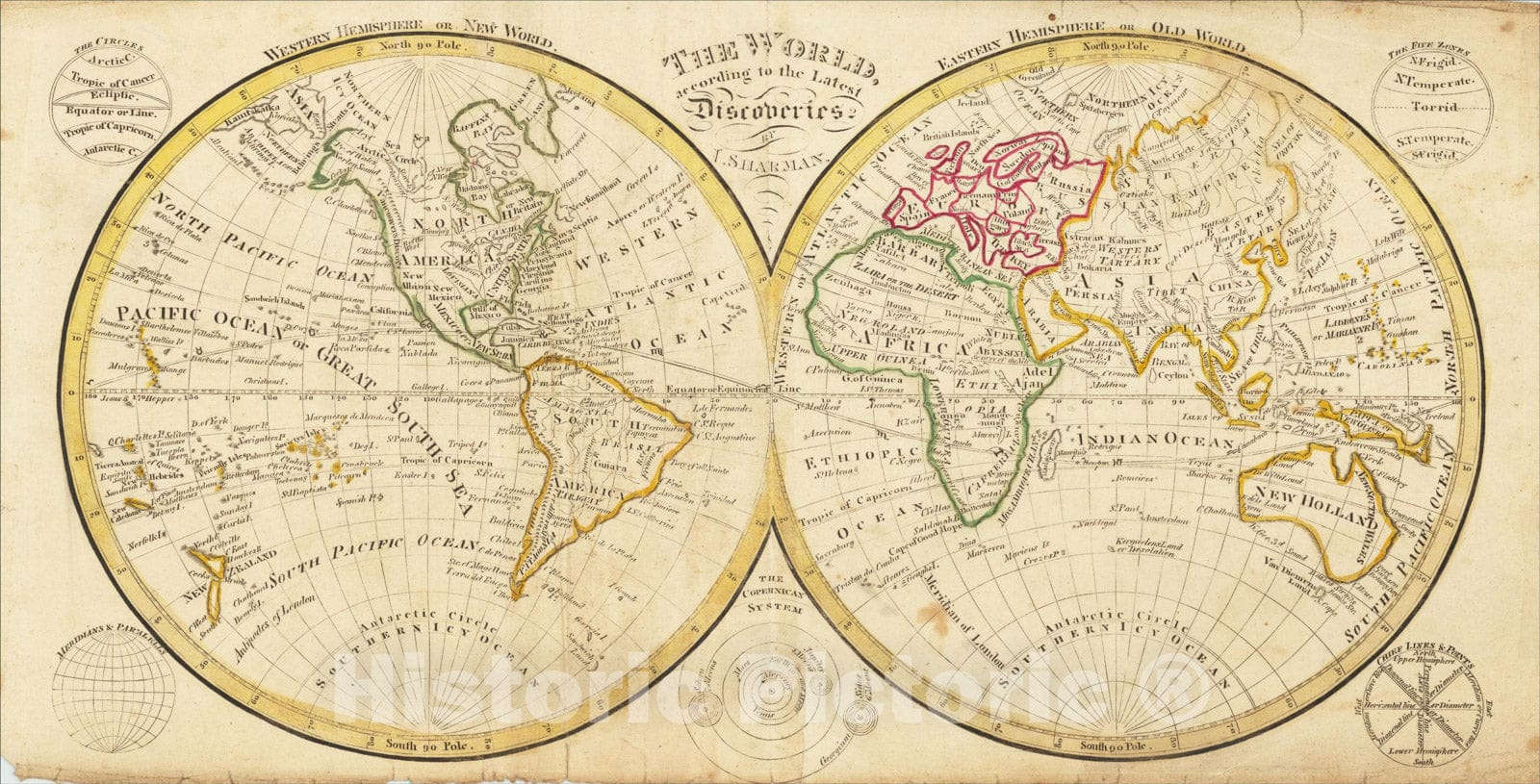 Historic Map : The World, according to the Latest Discoveries. By I. Sharman, c1800, John Sharman, Vintage Wall Art