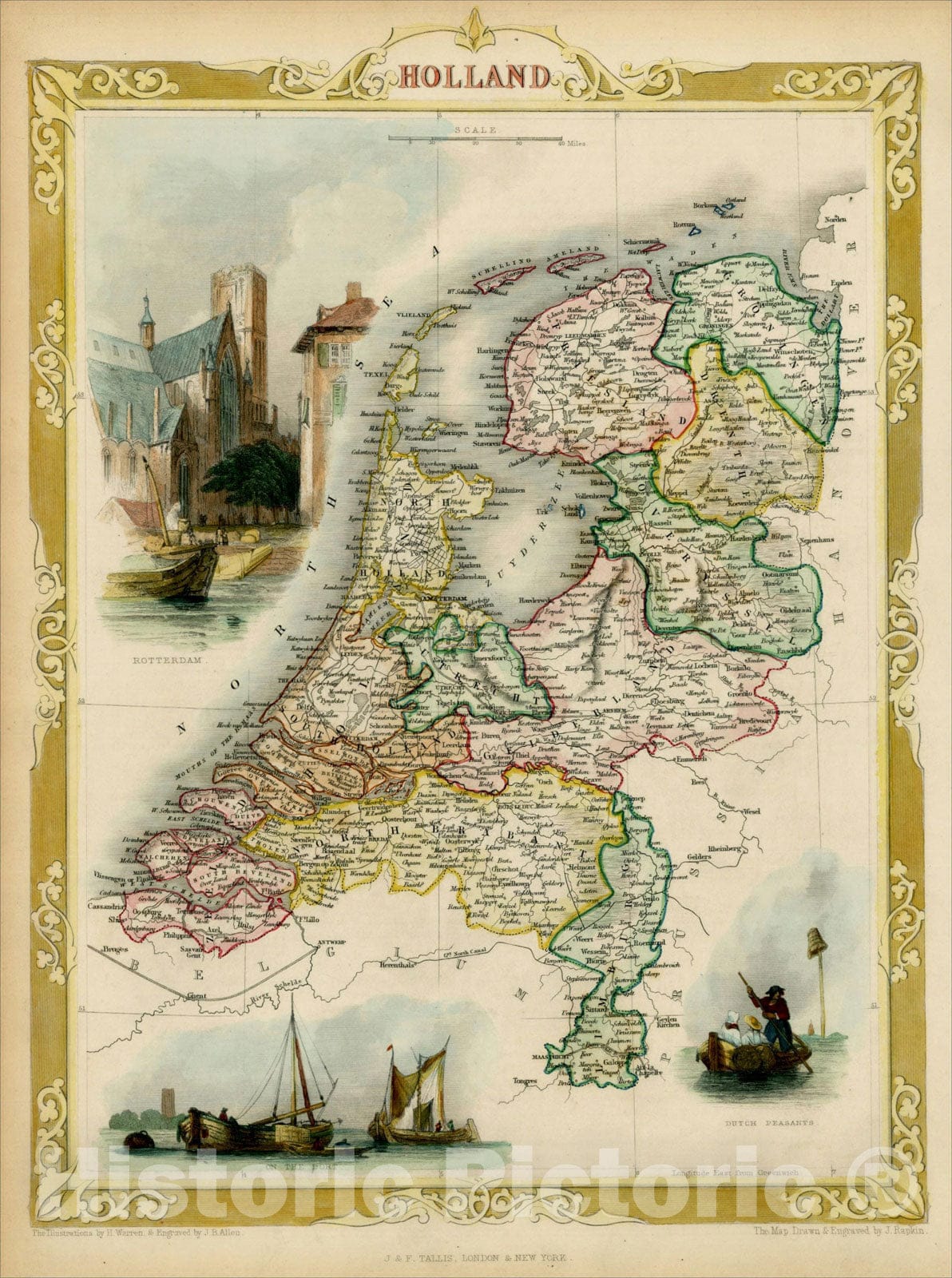 Historic Map : Holland, 1851, John Tallis, v2, Vintage Wall Art
