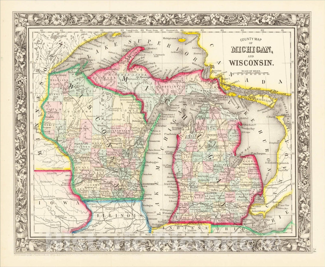 Historic Map : County Map of Michigan and Wisconsin, 1862, Samuel Augustus Mitchell Jr., Vintage Wall Art