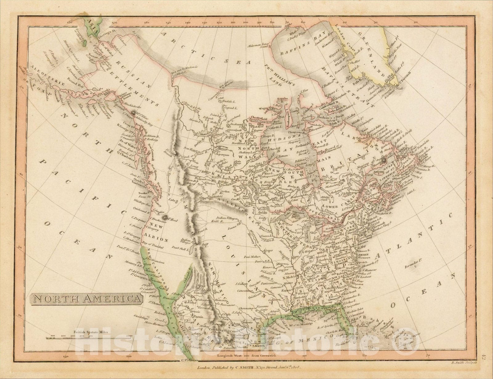 Historic Map : North America, 1808, Charles Smith, Vintage Wall Art