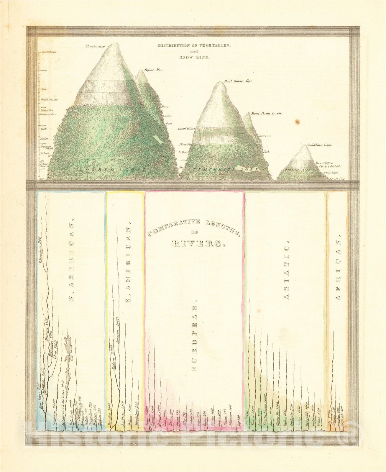 Historic Map : Distribution of Vegatables and Snow Line with Comparative Lengths of Rivers, 1835, Thomas Gamaliel Bradford, Vintage Wall Art