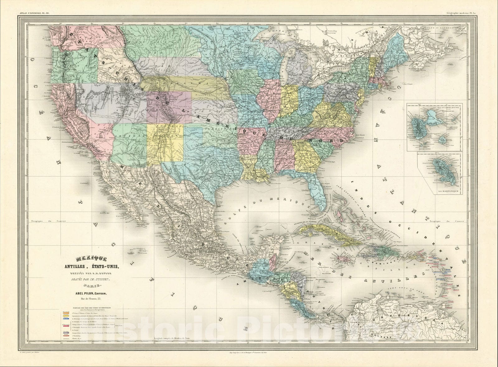 Historic Map : Mexique, Antilles, Etats-Unis (Early Depiction of Idaho Territory and Montana Territory), 1863, Adolphe Hippolyte Dufour, Vintage Wall Art