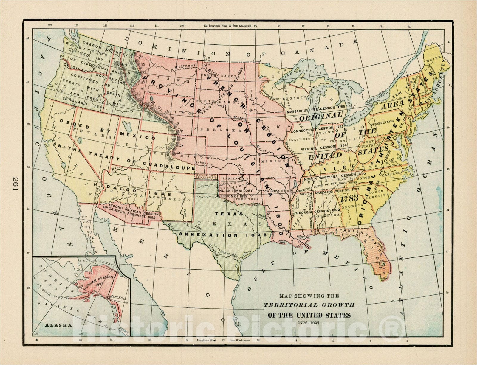 Historic Map : Map Showing The Territorial Growth of the United States 1776-1891, 1891, George F. Cram, Vintage Wall Art