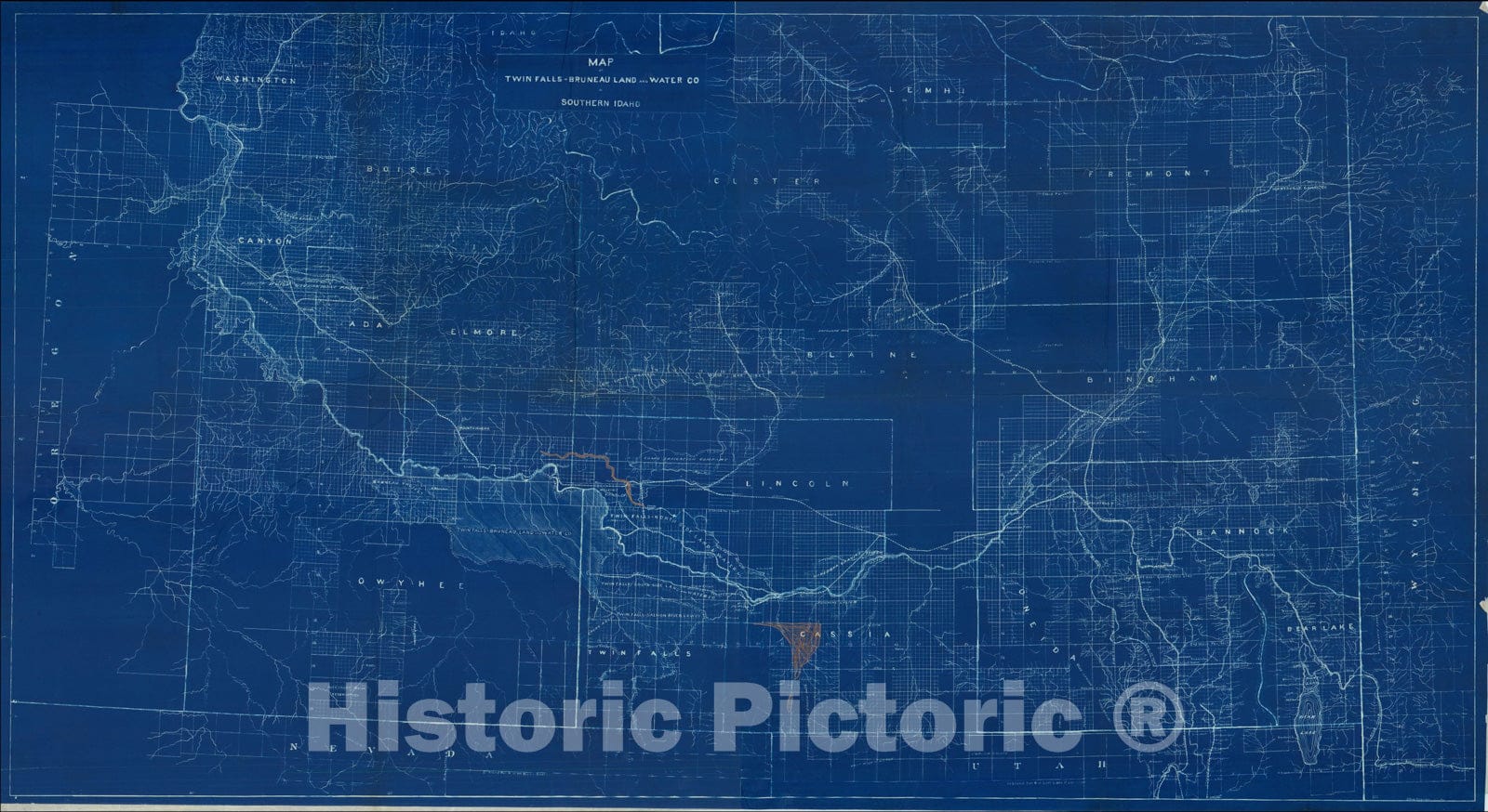 Historic Map : Map of Twin Falls-Bruneau Land and Water Co. in Southern Idaho, c1910, Great Shoshone and Twin Falls Water Power Company, Vintage Wall Art