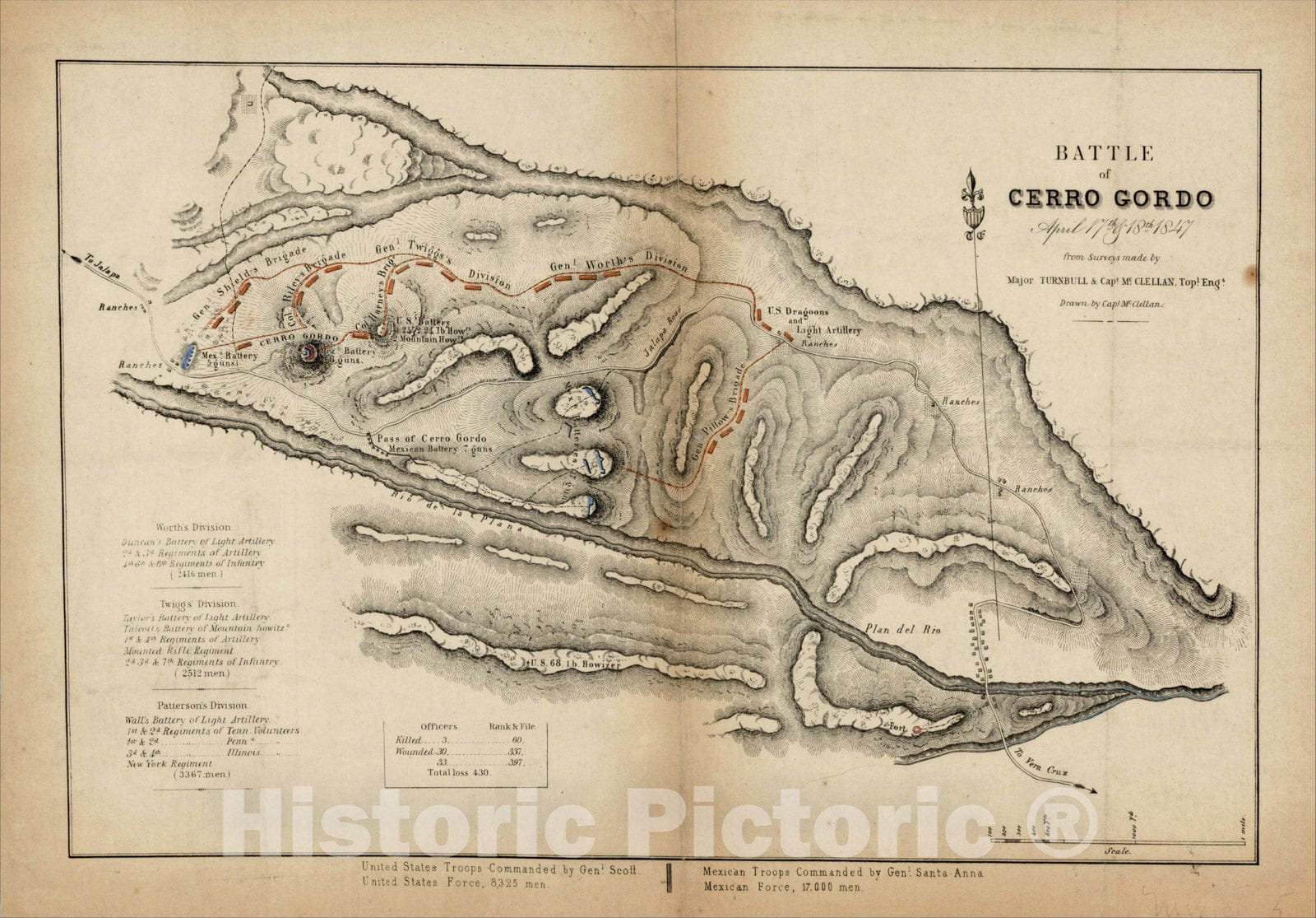 Historic Map : Battle of Cerro Gordo. April 17th & 18th 1847 from Surveys made by Major Turnbull & Capt. McClellan, Topl. Engr ., 1847, , Vintage Wall Art