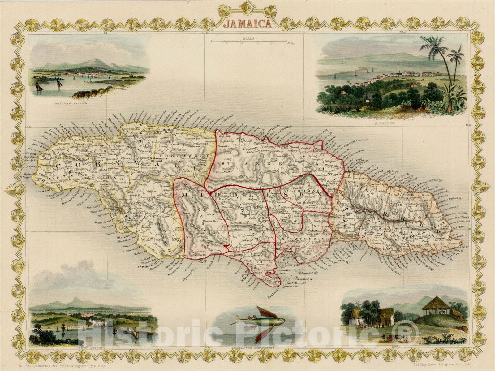Historic Map : Jamaica, 1851, John Tallis, v1, Vintage Wall Art