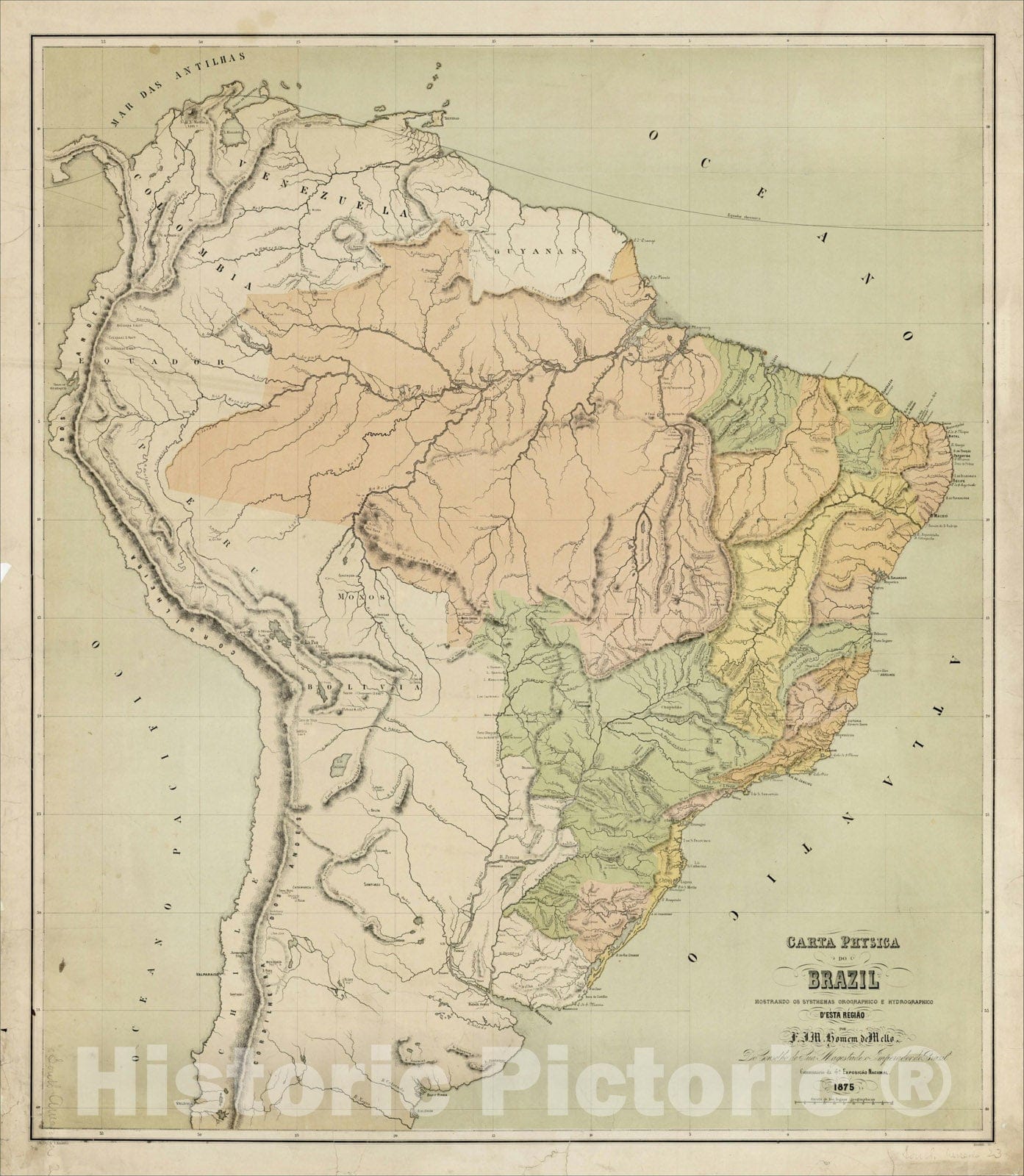Historic Map : Carta Physica do Brazil Mostrando os Systhemas Orographico e Hydrographico D'Esta Regiao Por F.J.M. Homem de Mello., 1875, , Vintage Wall Art