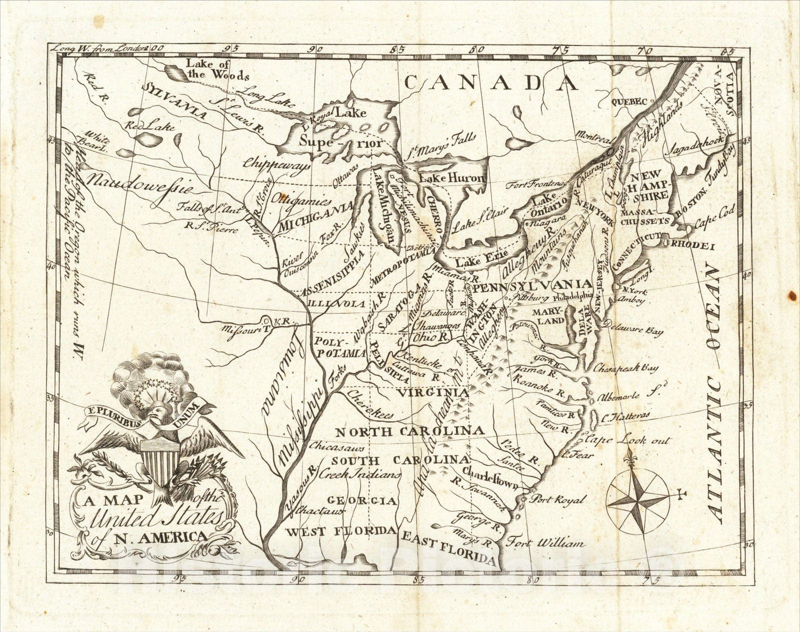 Historic Map : [Thomas Jefferson's Proposed Northwest Territories] A Map of the United States of N. America, 1788, Johann David Schopf, Vintage Wall Art