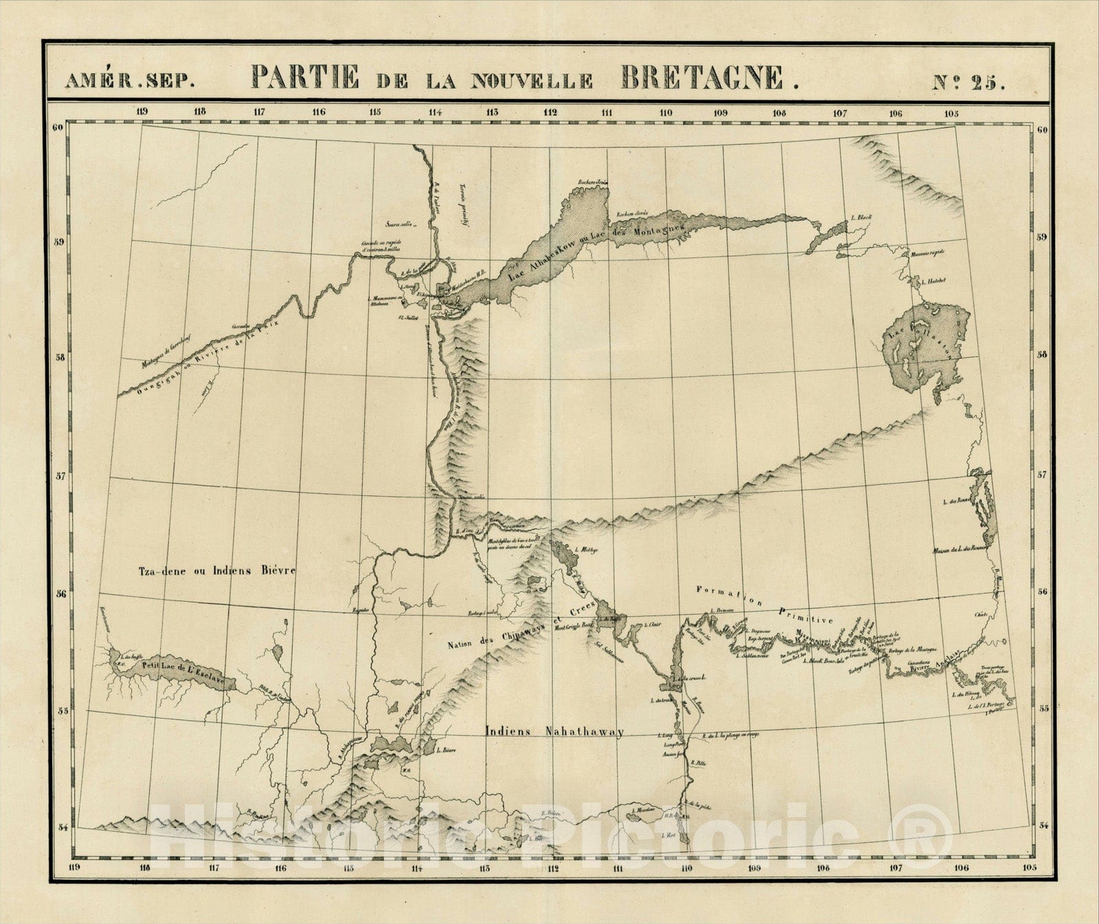 Historic Map : Amer. Sep. No. 25. Partie De La Nouvelle Bretagne [Slave Lake, Lake Athabasca &c.], 1825, , Vintage Wall Art
