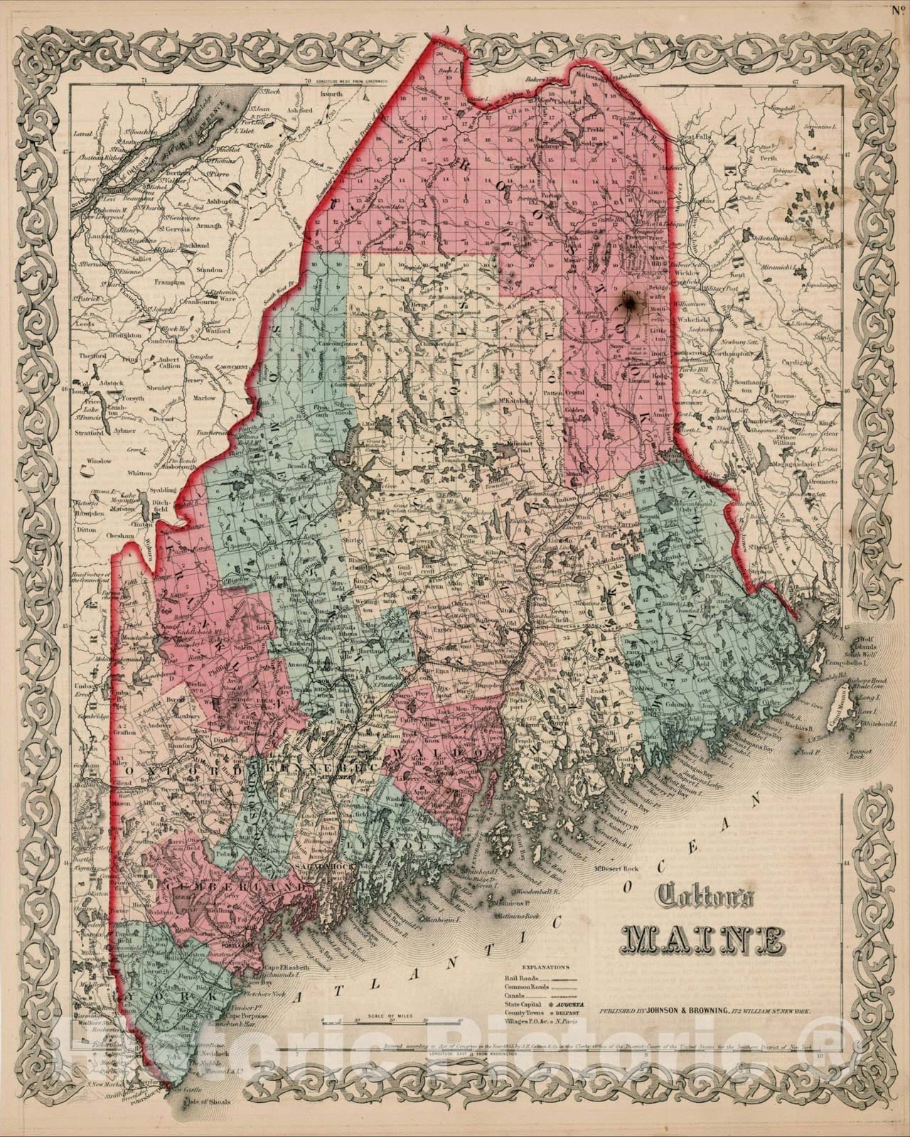 Historic Map : Colton's Maine, 1859, Joseph Hutchins Colton, Vintage Wall Art