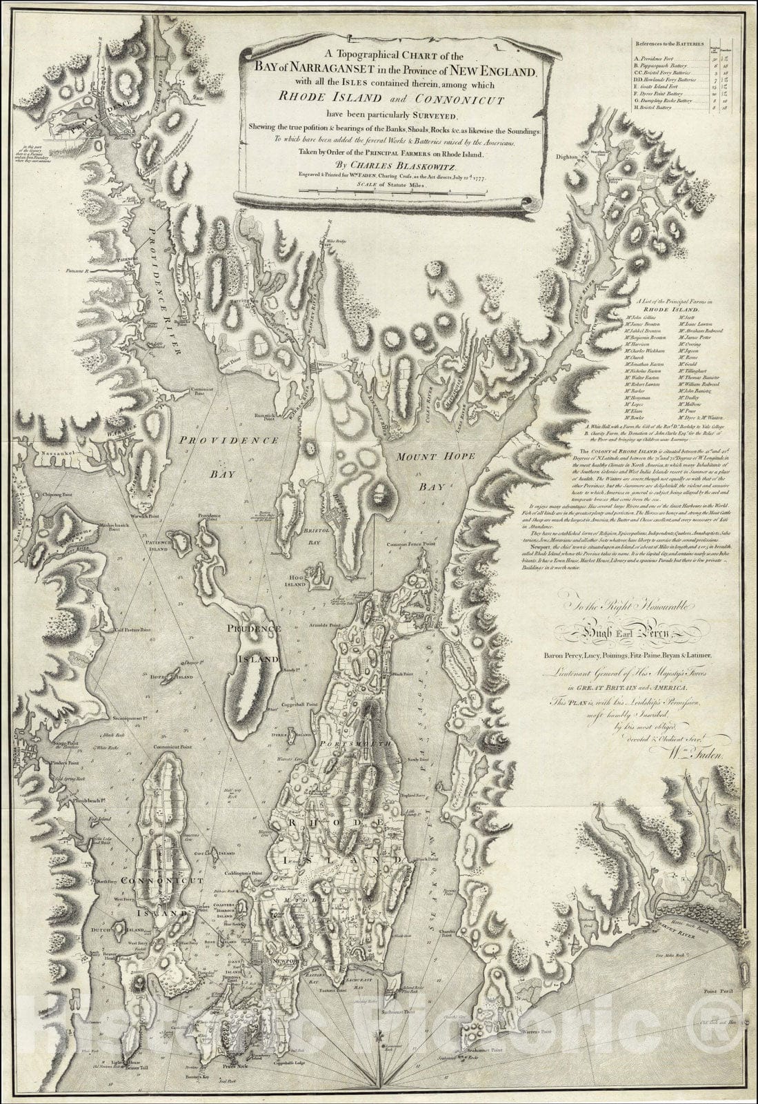 Historic Map : A Topographical Chart of the Bay of Narranganset in the Province of New England with all the Isle, 1777, , Vintage Wall Art