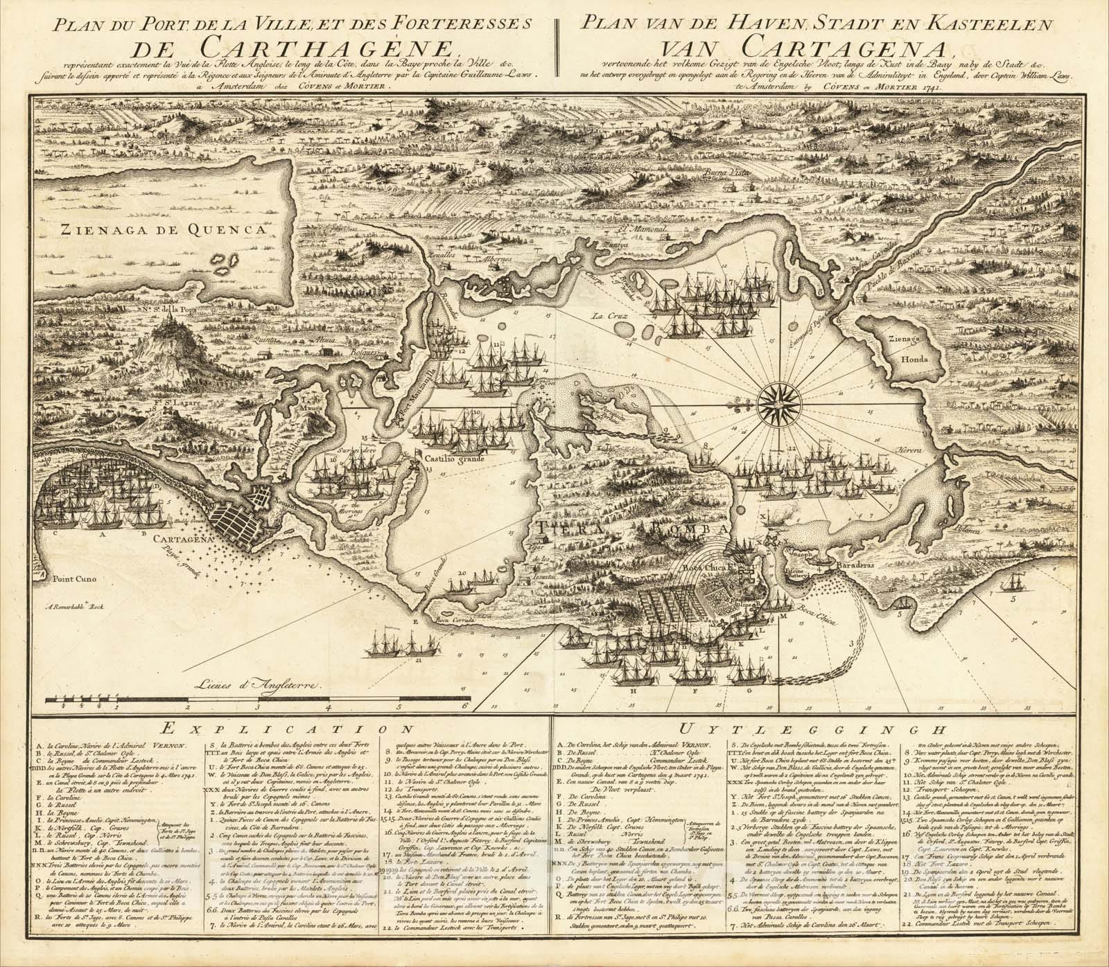 Historic Map : Plan du Port de la Ville, et des Forteresses de Carthagene, Plan van, Cartagena., 1741, Covens & Mortier, Vintage Wall Art