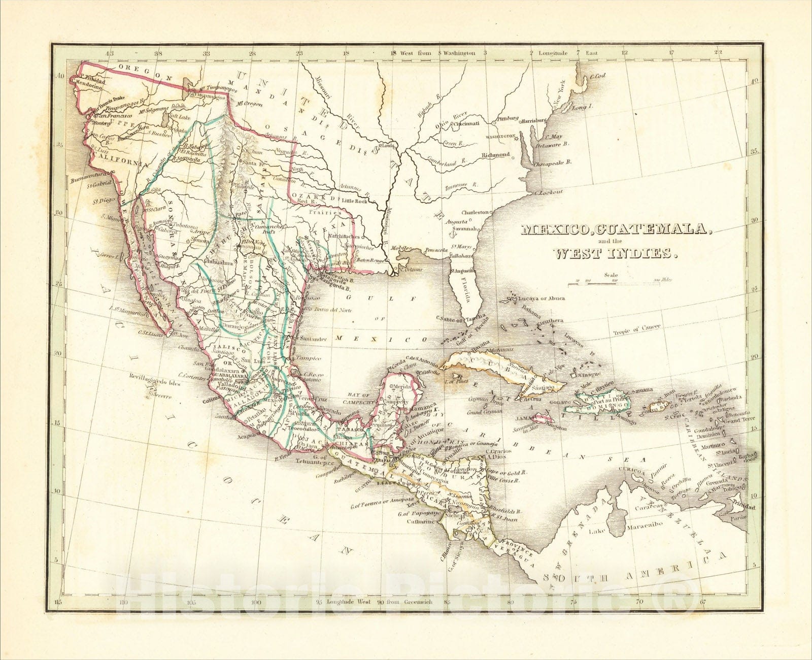 Historic Map : Mexico, Guatemala and the West Indies, 1835, Thomas Gamaliel Bradford, Vintage Wall Art