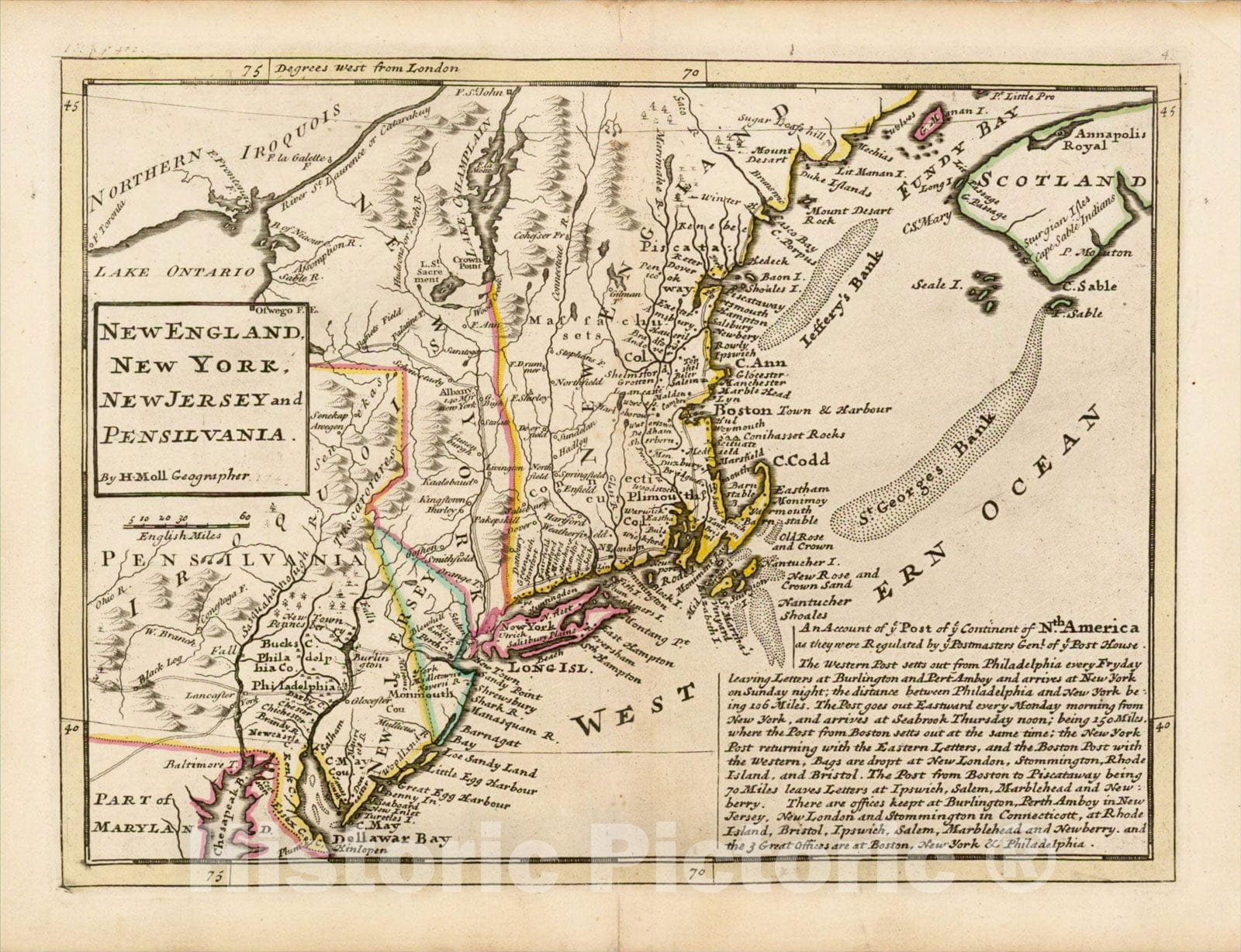 Historic Map : New England, New York, New Jersey and Pensilvania, c1743, Herman Moll, Vintage Wall Art