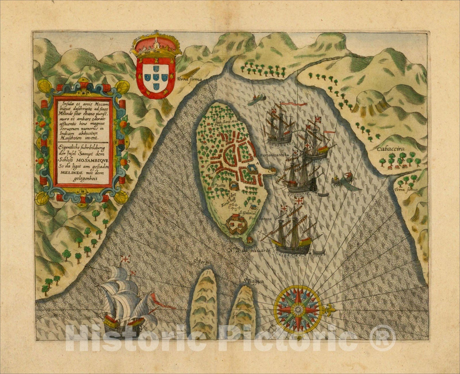 Historic Map : Insulae et arcis Mocambique descriptio ad Fines Melinde, 1596, Jan Huygen Van Linschoten, Vintage Wall Art