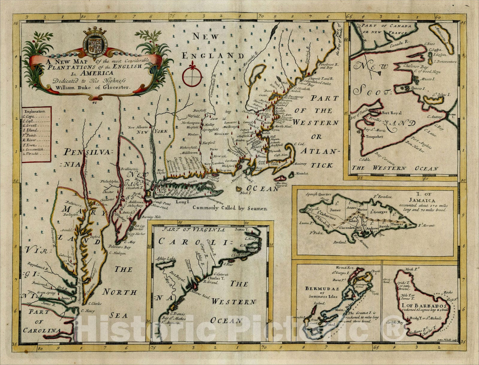 Historic Map : A New Map of the most Considerable Plantations of the English In America Dedcicated to His Highness William Duke of Glocester, 1700, Vintage Wall Art