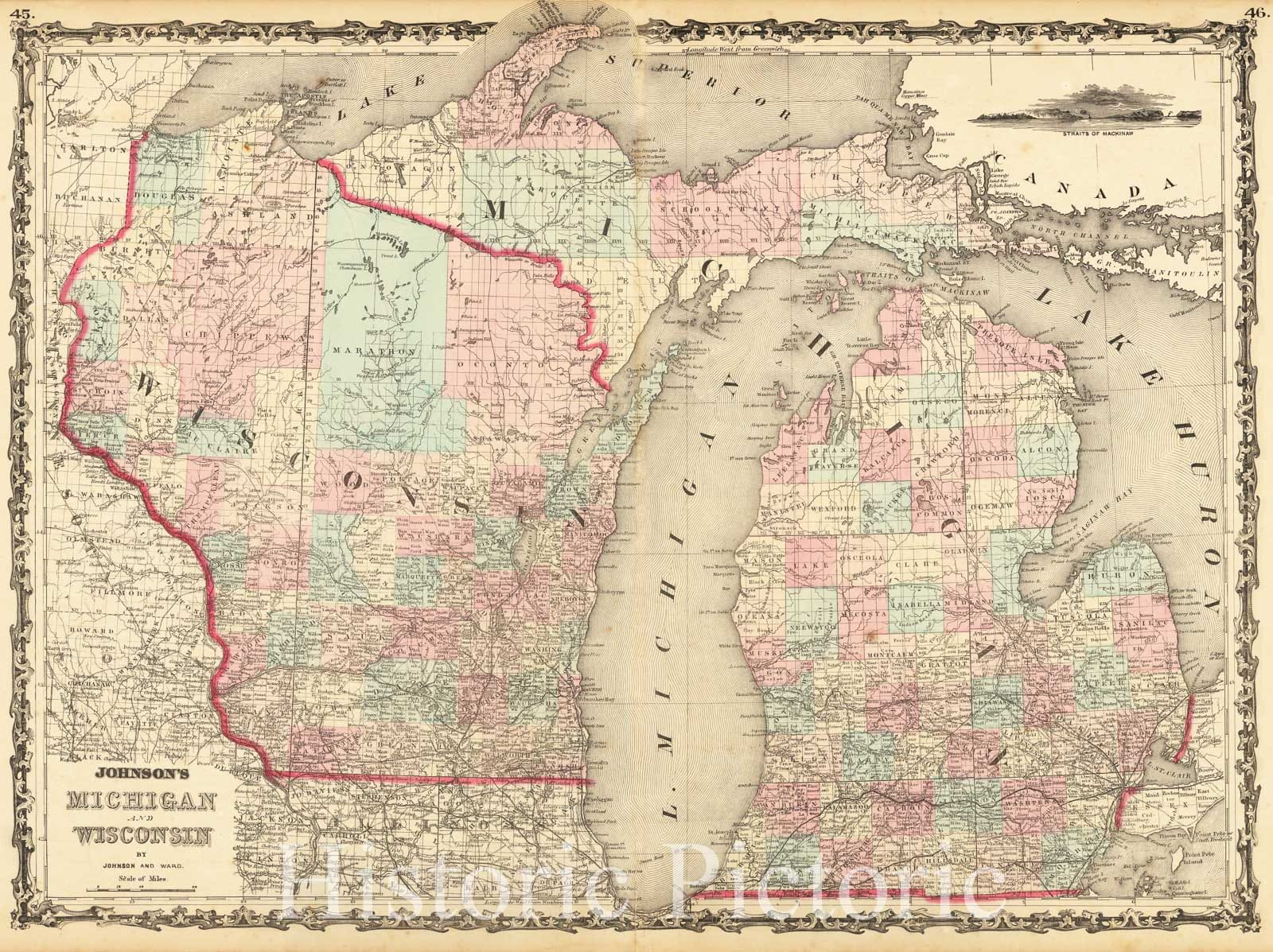 Historic Map : Johnson's Michigan and Wisconsin, 1863, Benjamin P Ward, Vintage Wall Art