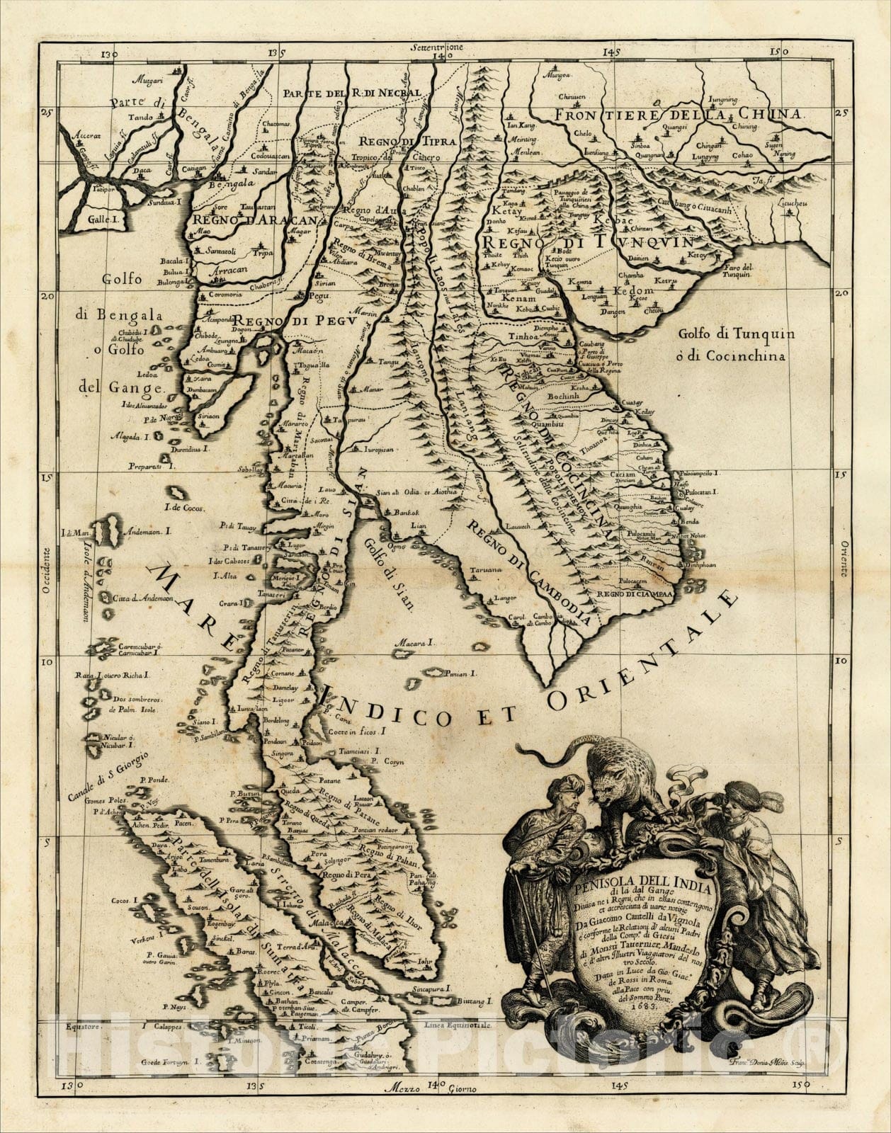 Historic Map : Penisola Dell India di la dal Gange Diusa ne i Regni, 1683, , Vintage Wall Art
