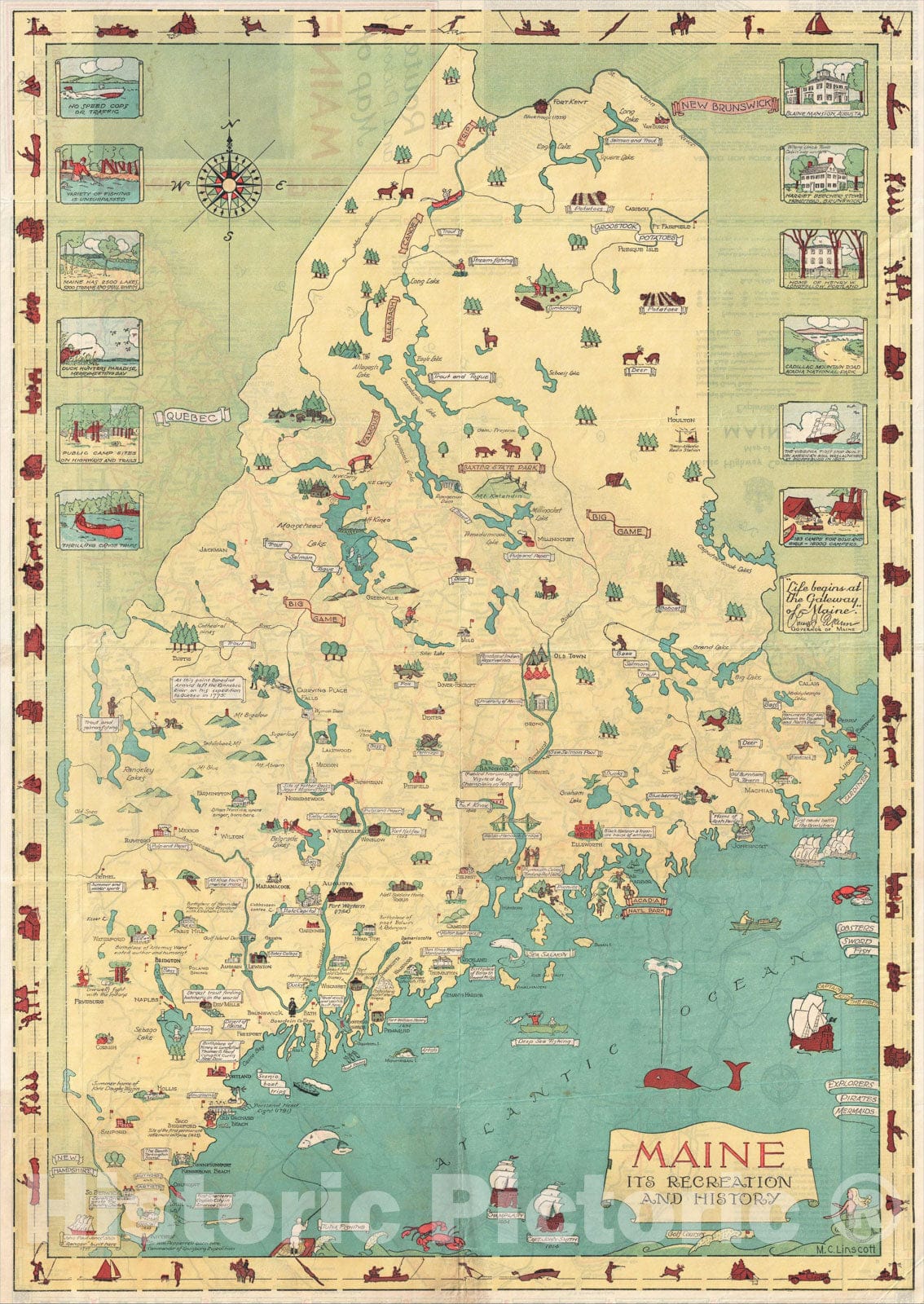 Historic Map : Maine Its Recreation and History, 1935, , Vintage Wall Art