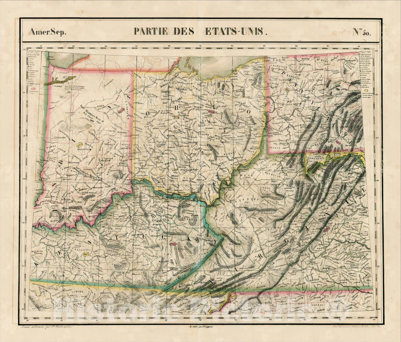 Historic Map : Amer. Sep. No. 5. Partie des ?tats Unis [Indiana, Ohio, Kentucky, Virginia, and parts of Pennsylvania, Tennessee & North Carolina], 1825, , Vintage Wall Art