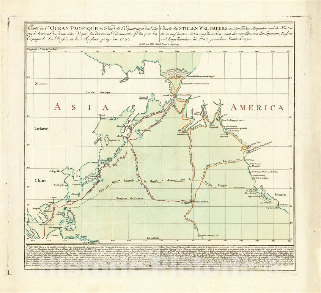 Historic Map : Carte de l'Ocean Pacifique au Nord de l'Equateur d'Apres les dernieres Decourvertes faits par les Espagnols, 1781, Tobias Conrad Lotter, Vintage Wall Art