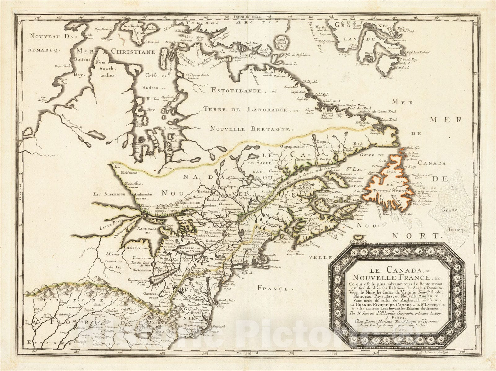 Historic Map : Le Canada ou Nouvelle France &c. Ce qui set les plus advance vers le Septenrion est tier de dives Relations des Anglois, Danois &c., 1656, Vintage Wall Art